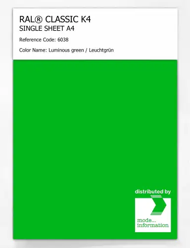 Artikelbild des Artikels “RAL® CLASSIC K4 SHEET SEMI MATT A4 6038 Luminous green  / Leuchtgrün “