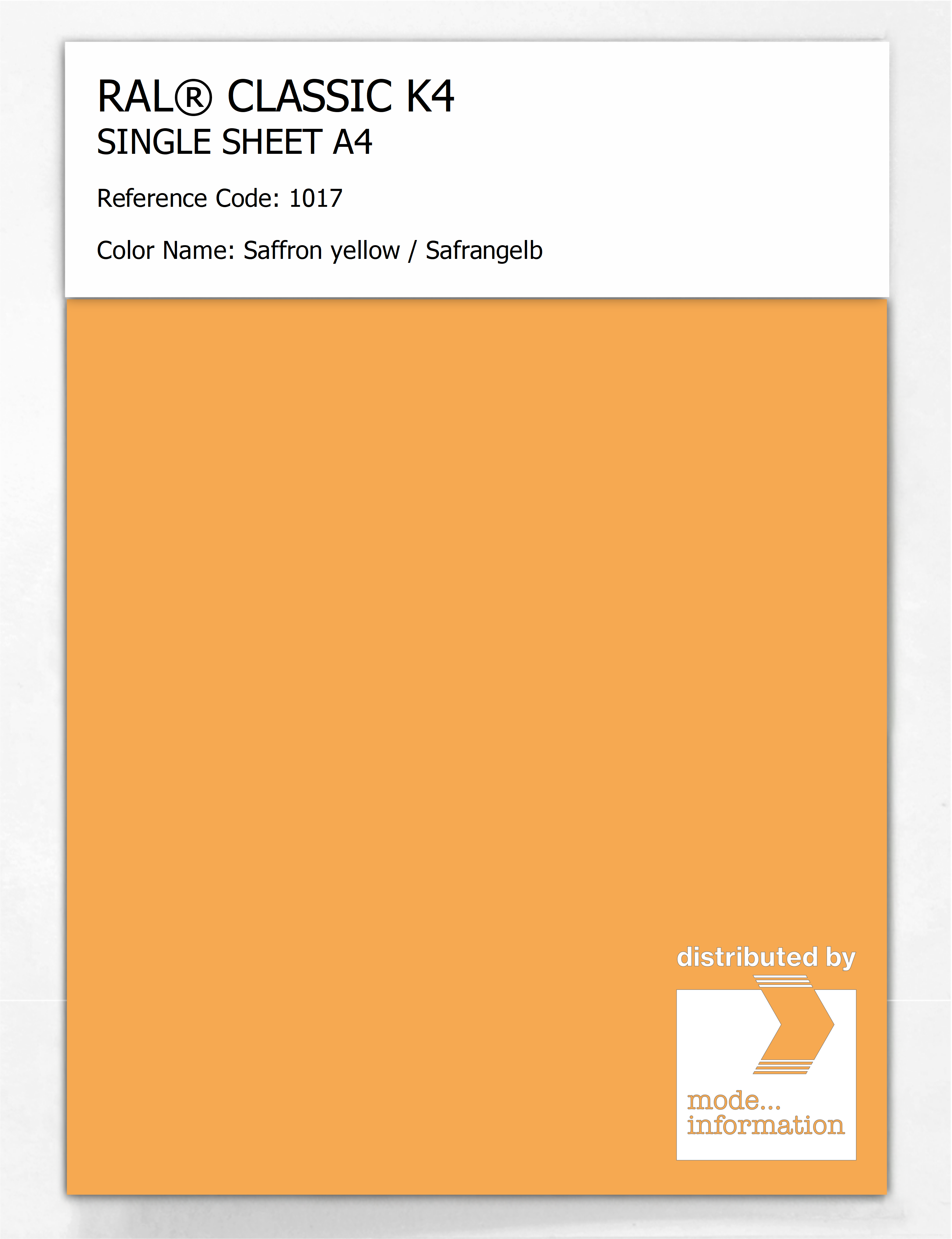 Product image 1 of the product “RAL® CLASSIC K4 SHEET SEMI MATT A4 1017 Saffron yellow / Safrangelb ”