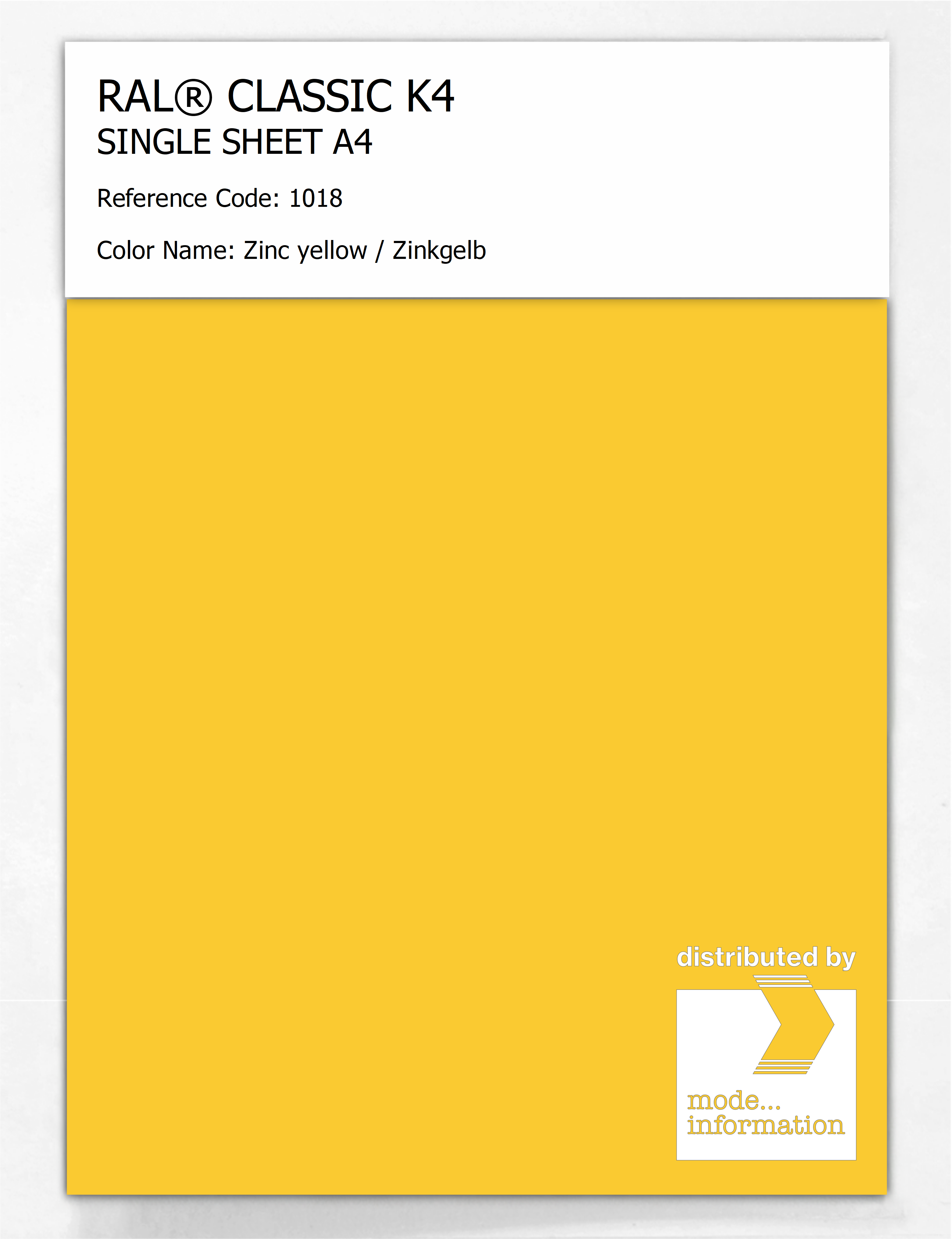 Product image 1 of the product “RAL® CLASSIC K4 SHEET SEMI MATT A4 1018 Zinc yellow / Zinkgelb ”