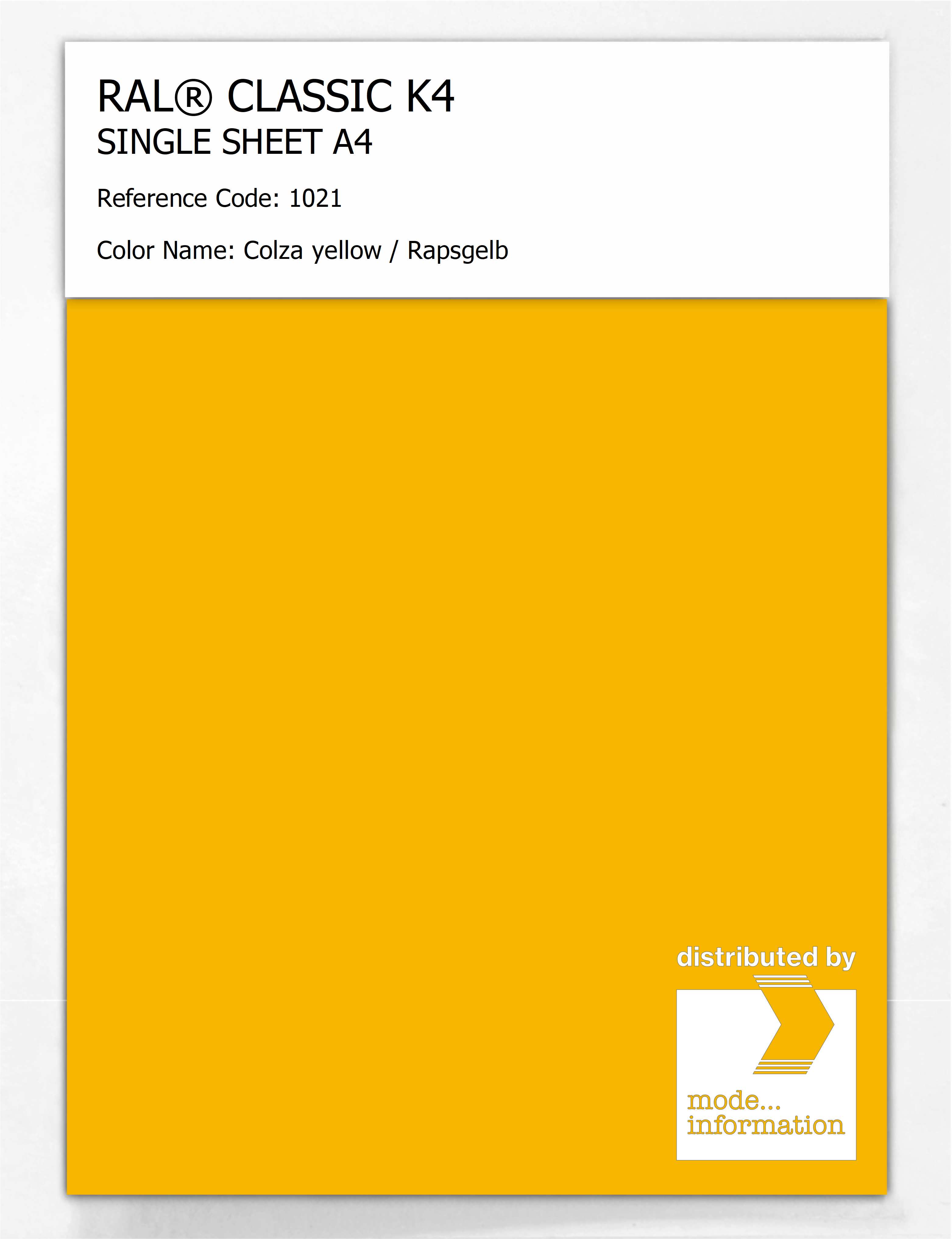 Product image 1 of the product “RAL® CLASSIC K4 SHEET SEMI MATT A4 1021 Colza yellow / Rapsgelb ”