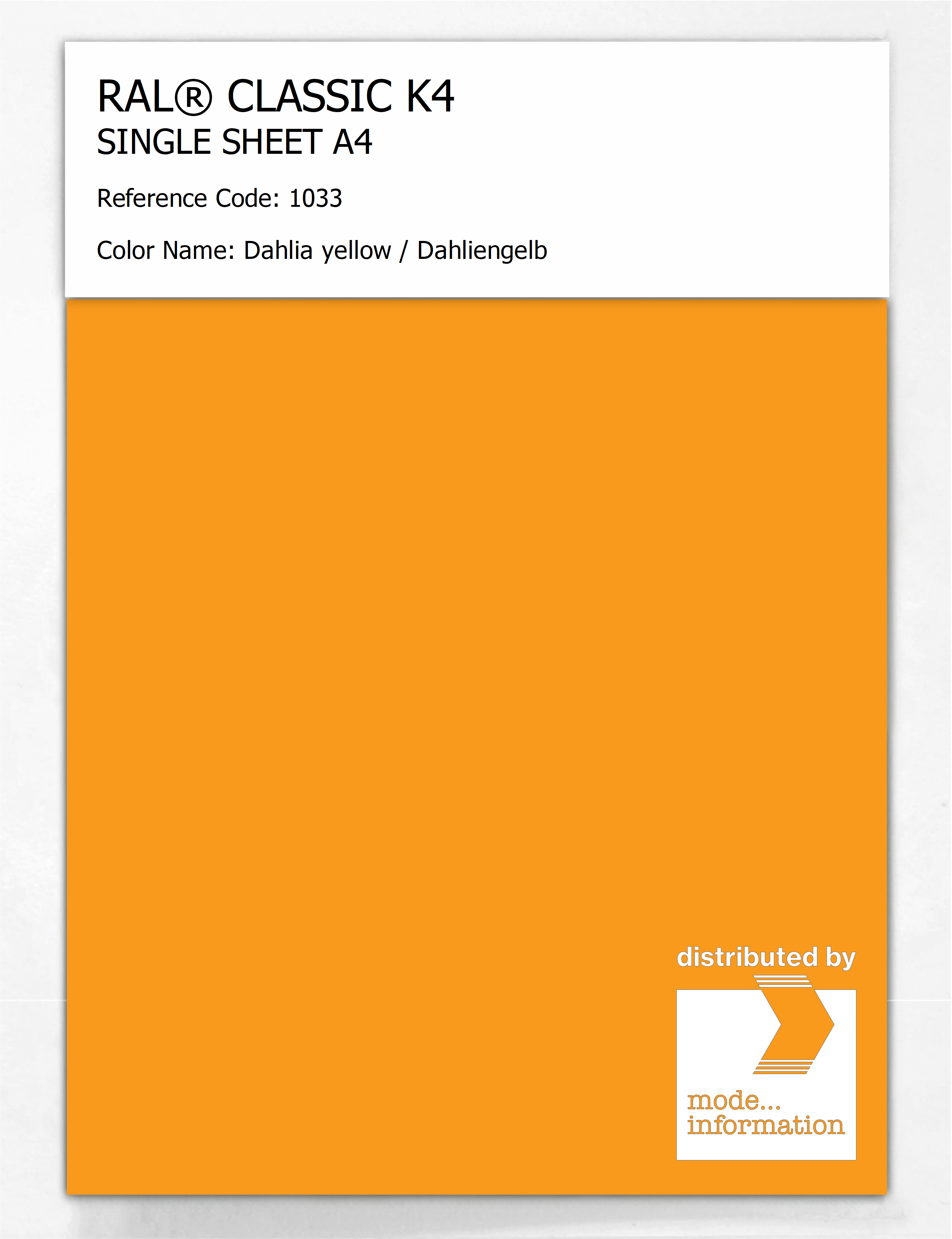 Product image 1 of the product “RAL® CLASSIC K4 SHEET SEMI MATT A4 1033 Dahlia yellow / Dahliengelb ”