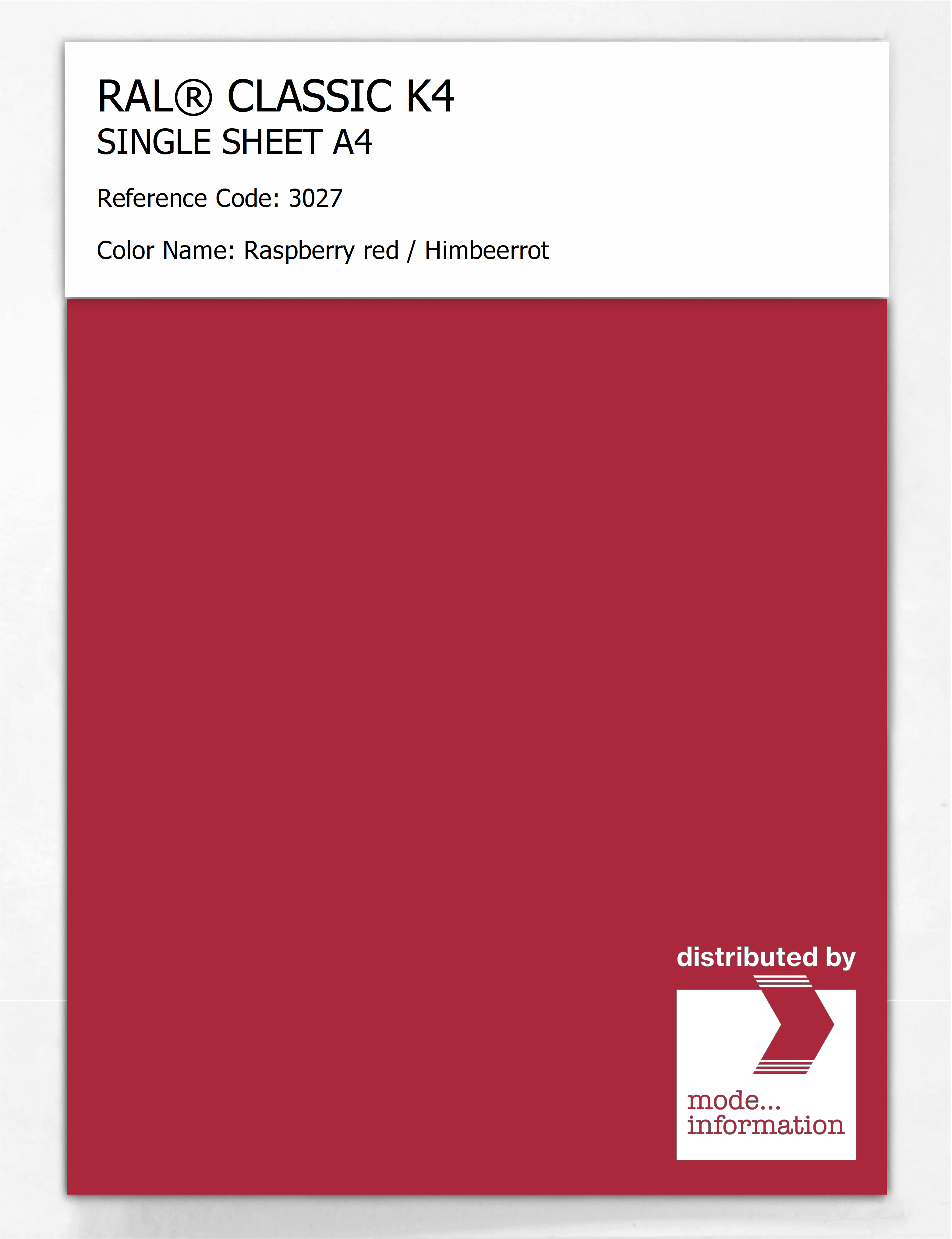 Product image 1 of the product “RAL® CLASSIC K4 SHEET SEMI MATT A4 3027 Raspberry red / Himbeerrot ”