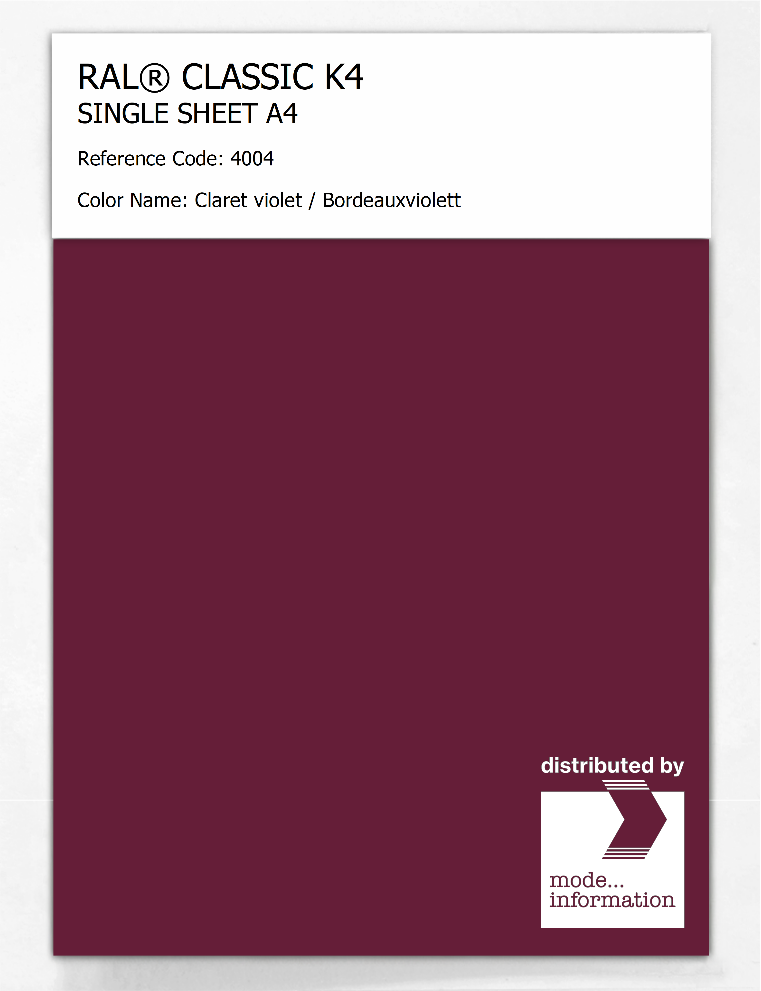 Product image 1 of the product “RAL® CLASSIC K4 SHEET SEMI MATT A4 4004 Claret violet / Bordeauxviolett ”