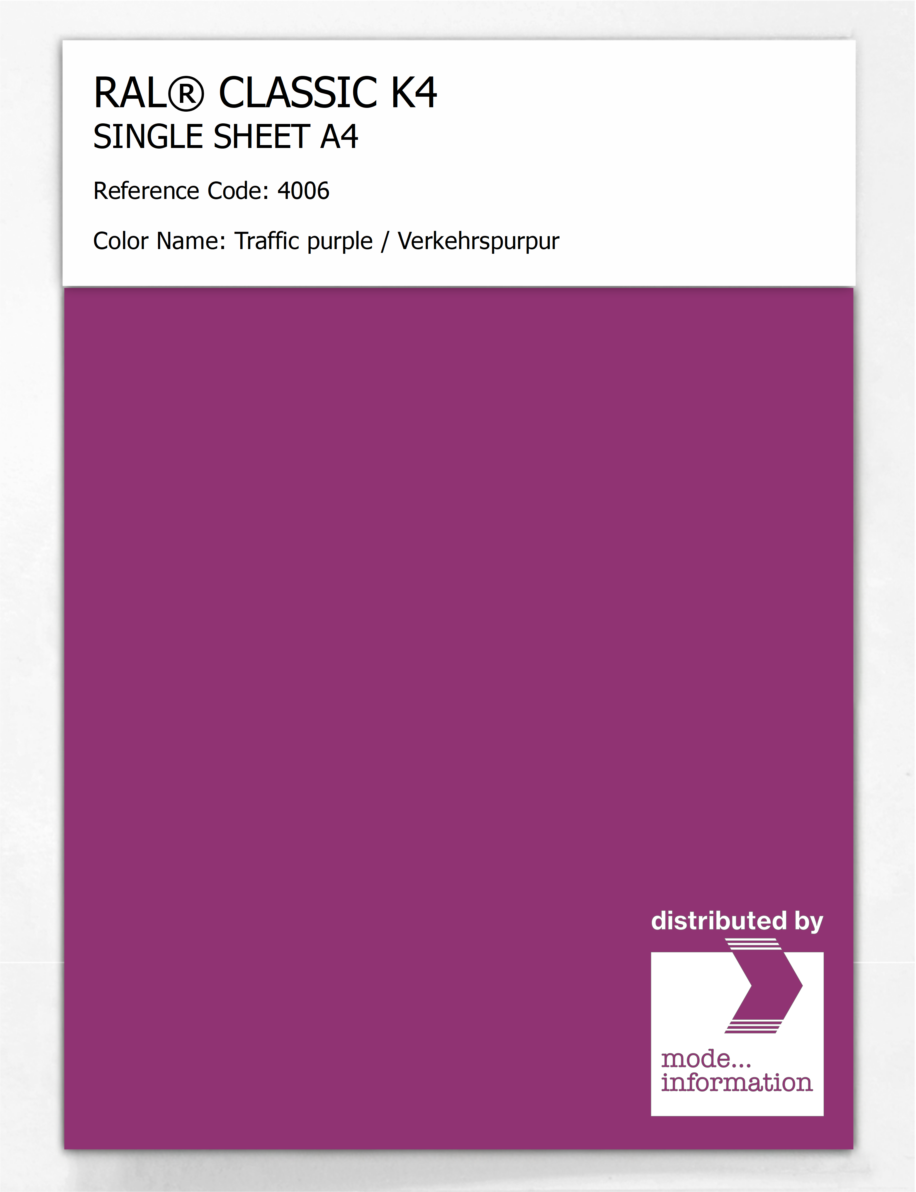 Product image 1 of the product “RAL® CLASSIC K4 SHEET SEMI MATT A4 4006 Traffic purple / Verkehrspurpur ”