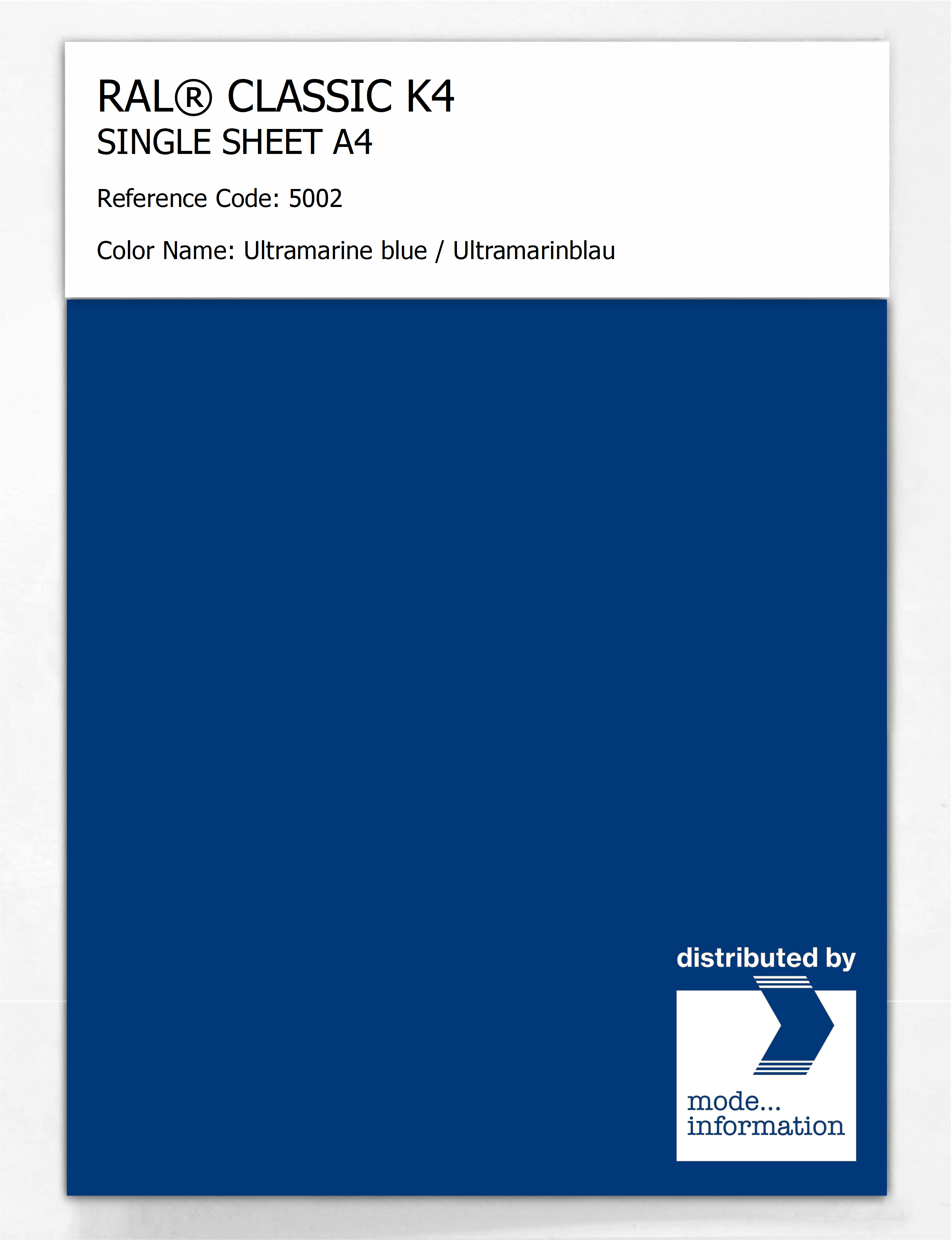 Product image 1 of the product “RAL® CLASSIC K4 SHEET SEMI MATT A4 5002 Ultramarine blue / Ultramarinblau ”