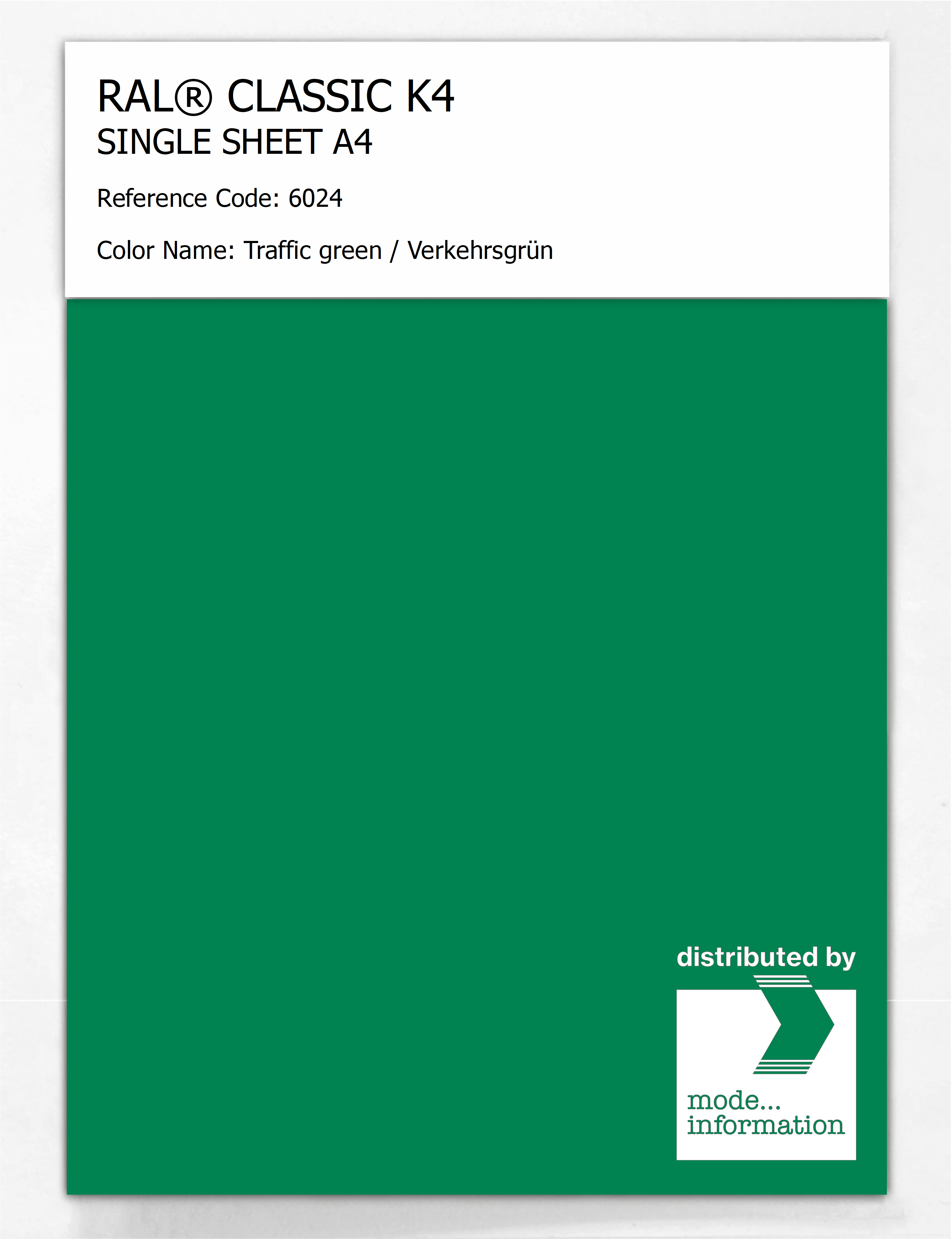 Product image 1 of the product “RAL® CLASSIC K4 SHEET SEMI MATT A4 6024 Traffic green / Verkehrsgrün ”