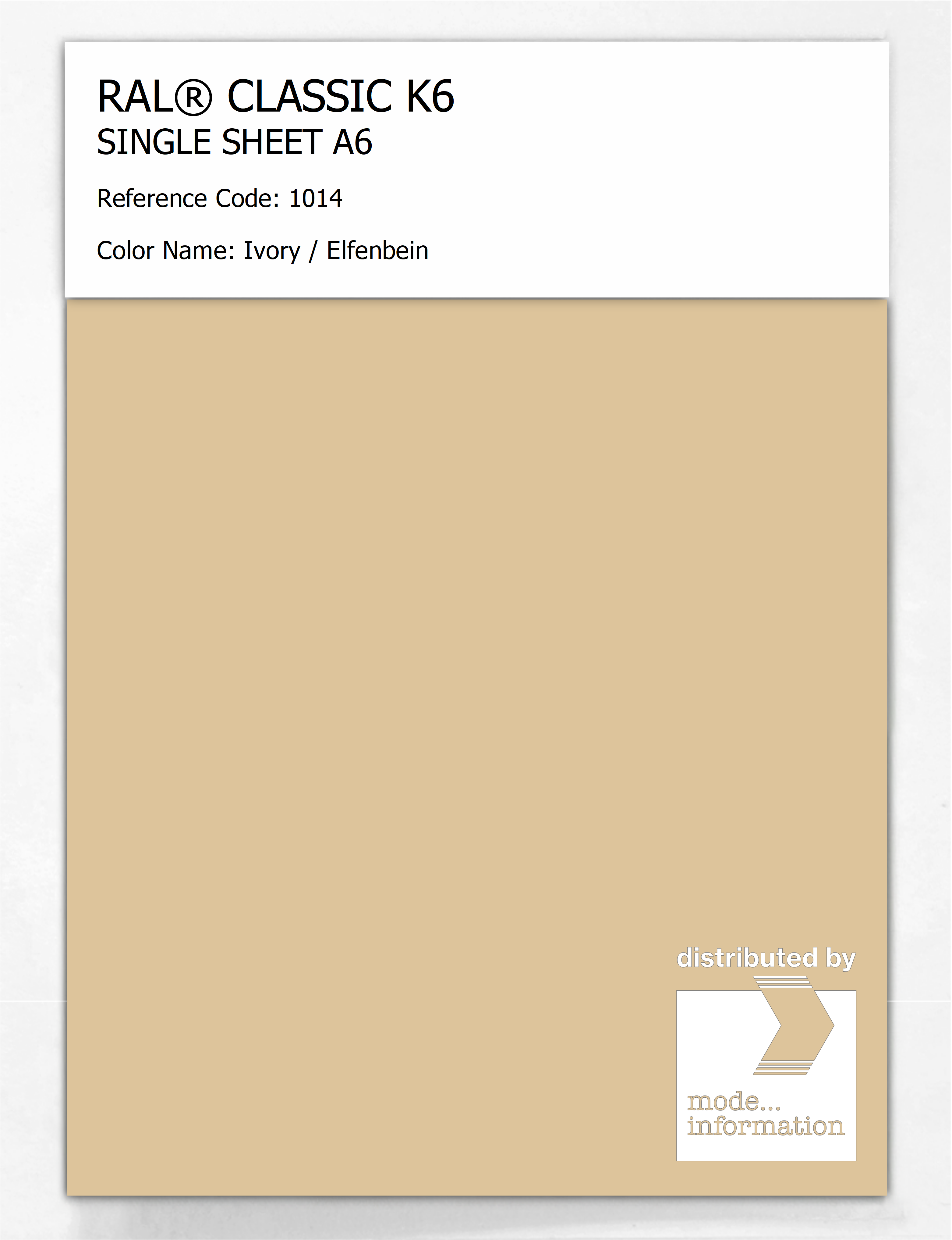 Product image 1 of the product “RAL® CLASSIC K6 SINGLE SHEET A6 1014 Ivory / Elfenbein ”