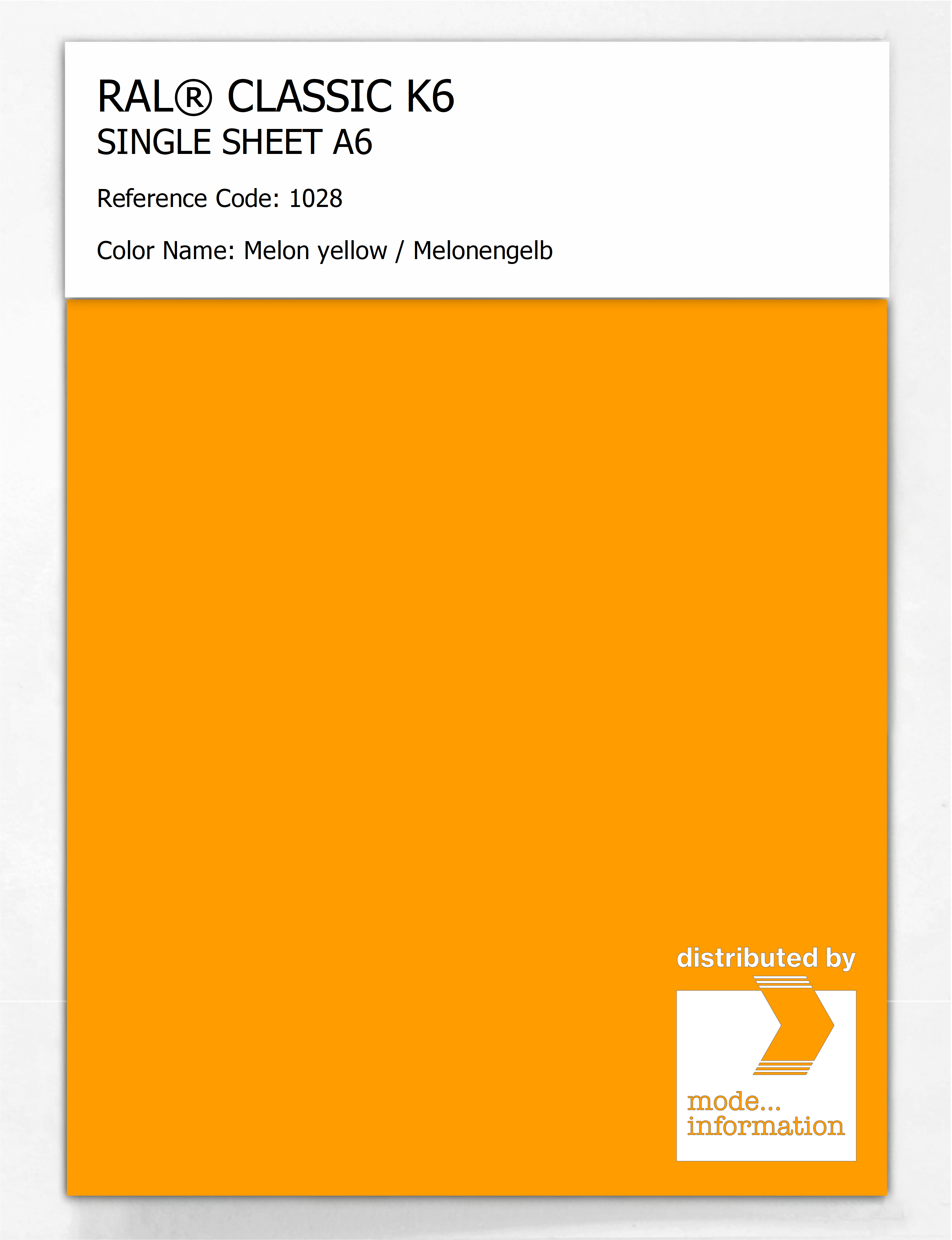 Product image 1 of the product “RAL® CLASSIC K6 SINGLE SHEET A6 1028 Melon yellow / Melonengelb ”