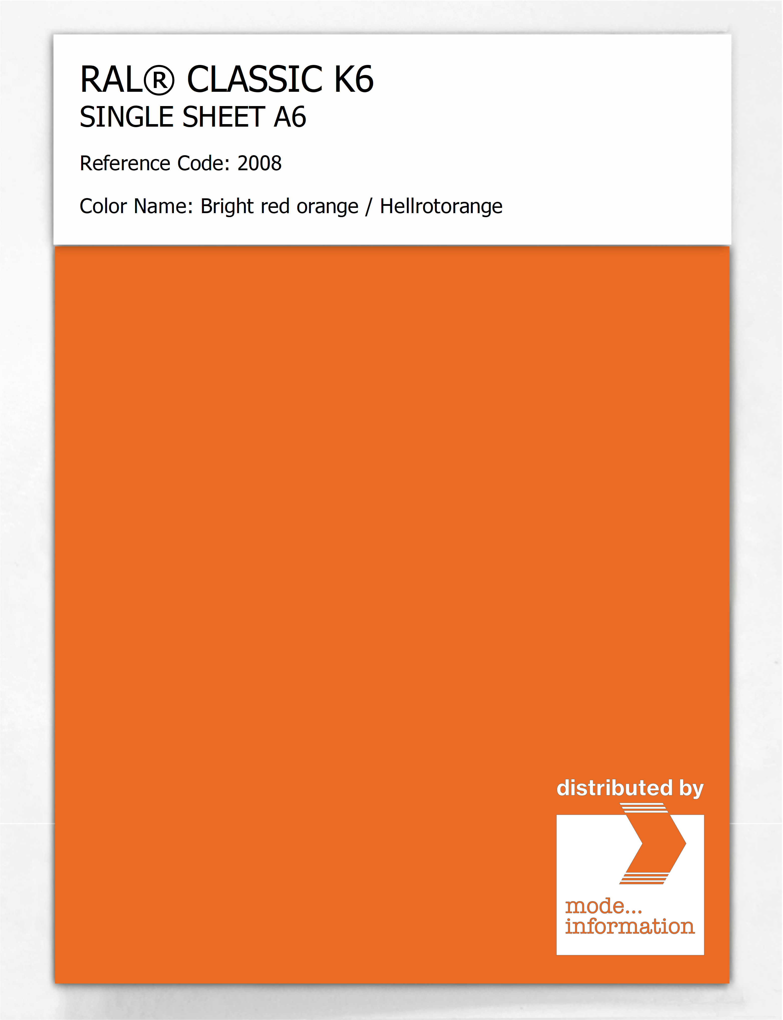 Product image 1 of the product “RAL® CLASSIC K6 SINGLE SHEET A6 2008 Bright red orange / Hellrotorange ”