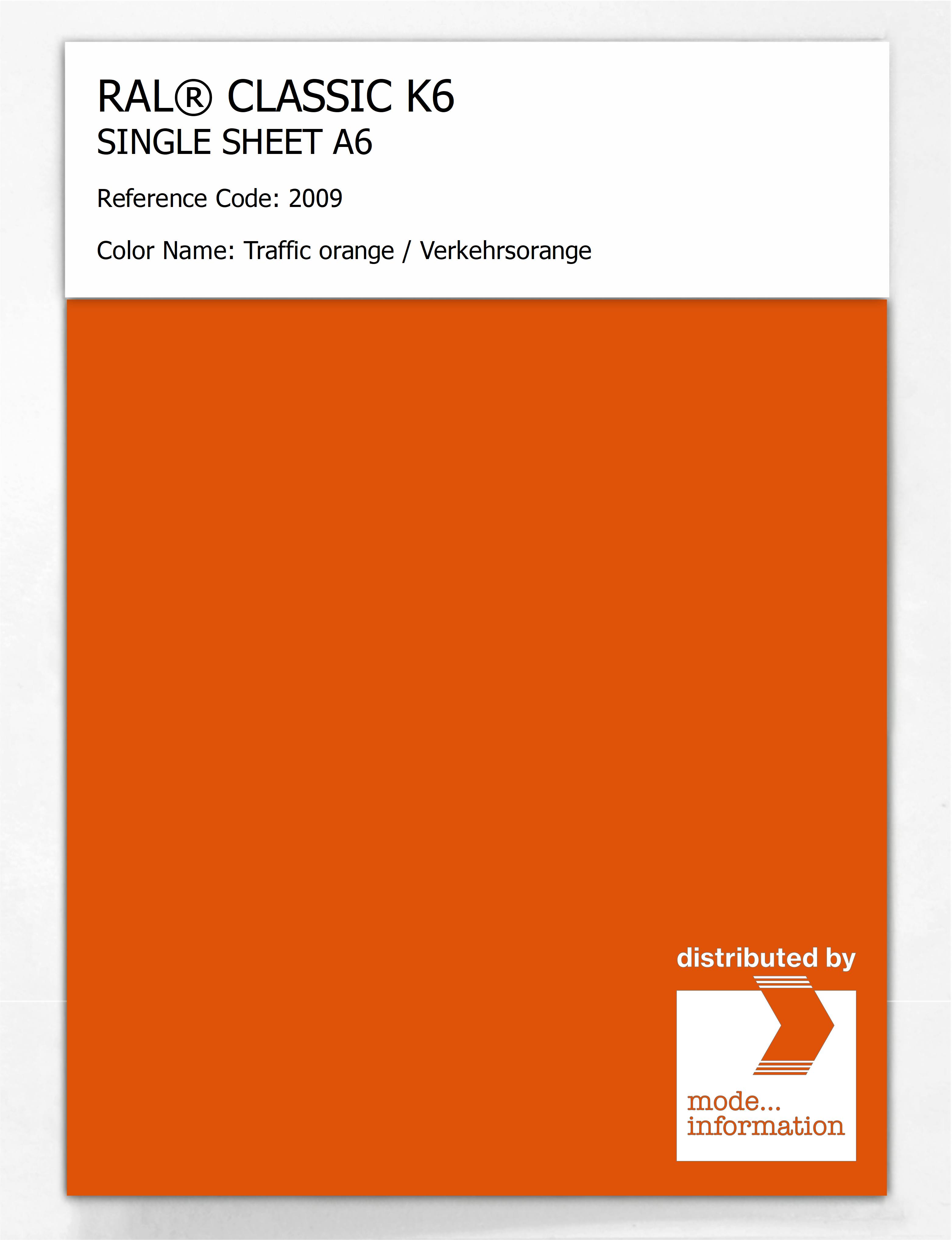 Product image 1 of the product “RAL® CLASSIC K6 SINGLE SHEET A6 2009 Traffic orange / Verkehrsorange ”