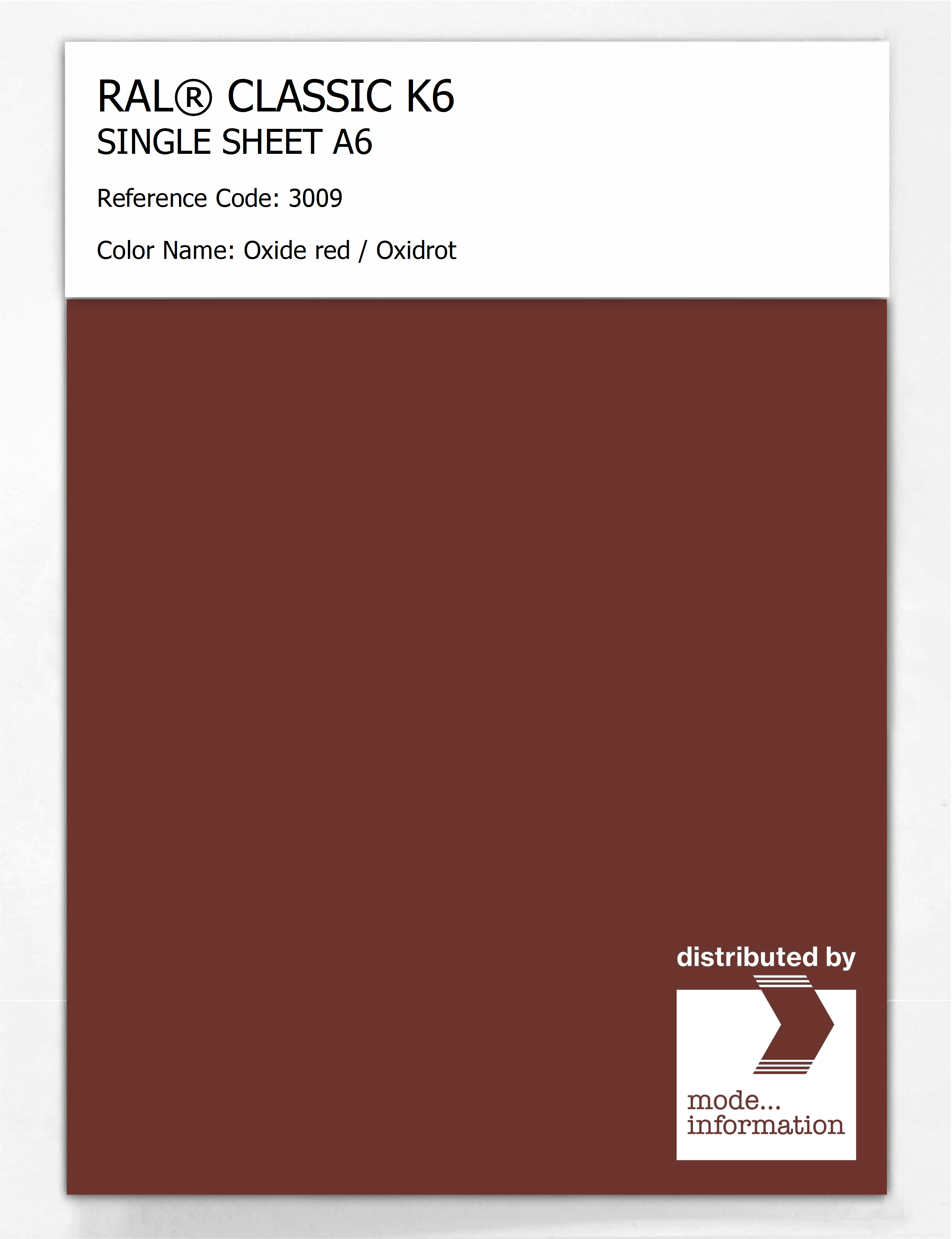 Product image 1 of the product “RAL® CLASSIC K6 SINGLE SHEET A6 3009 Oxide red / Oxidrot ”