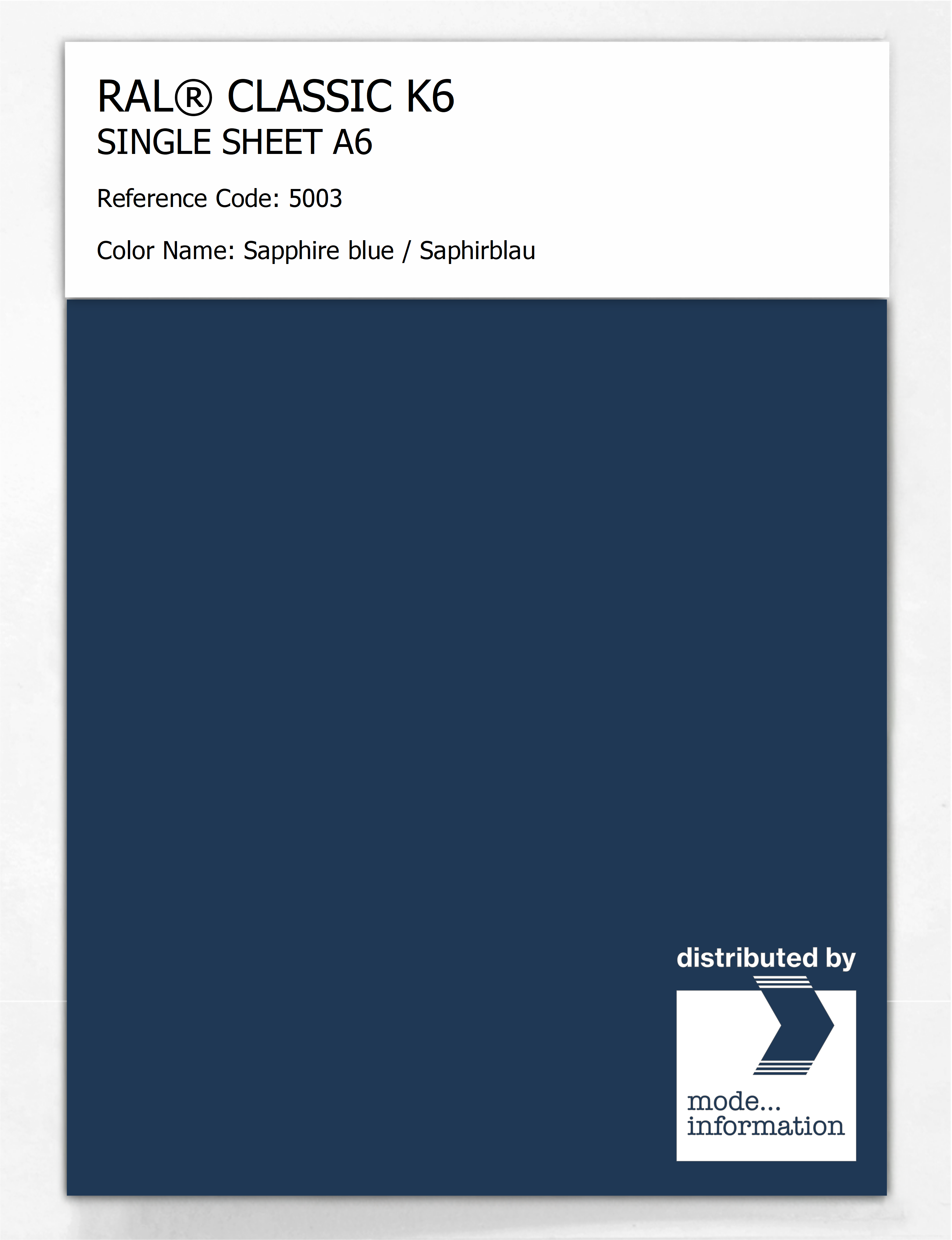 Product image 1 of the product “RAL® CLASSIC K6 SINGLE SHEET A6 5003 Sapphire blue / Saphirblau ”