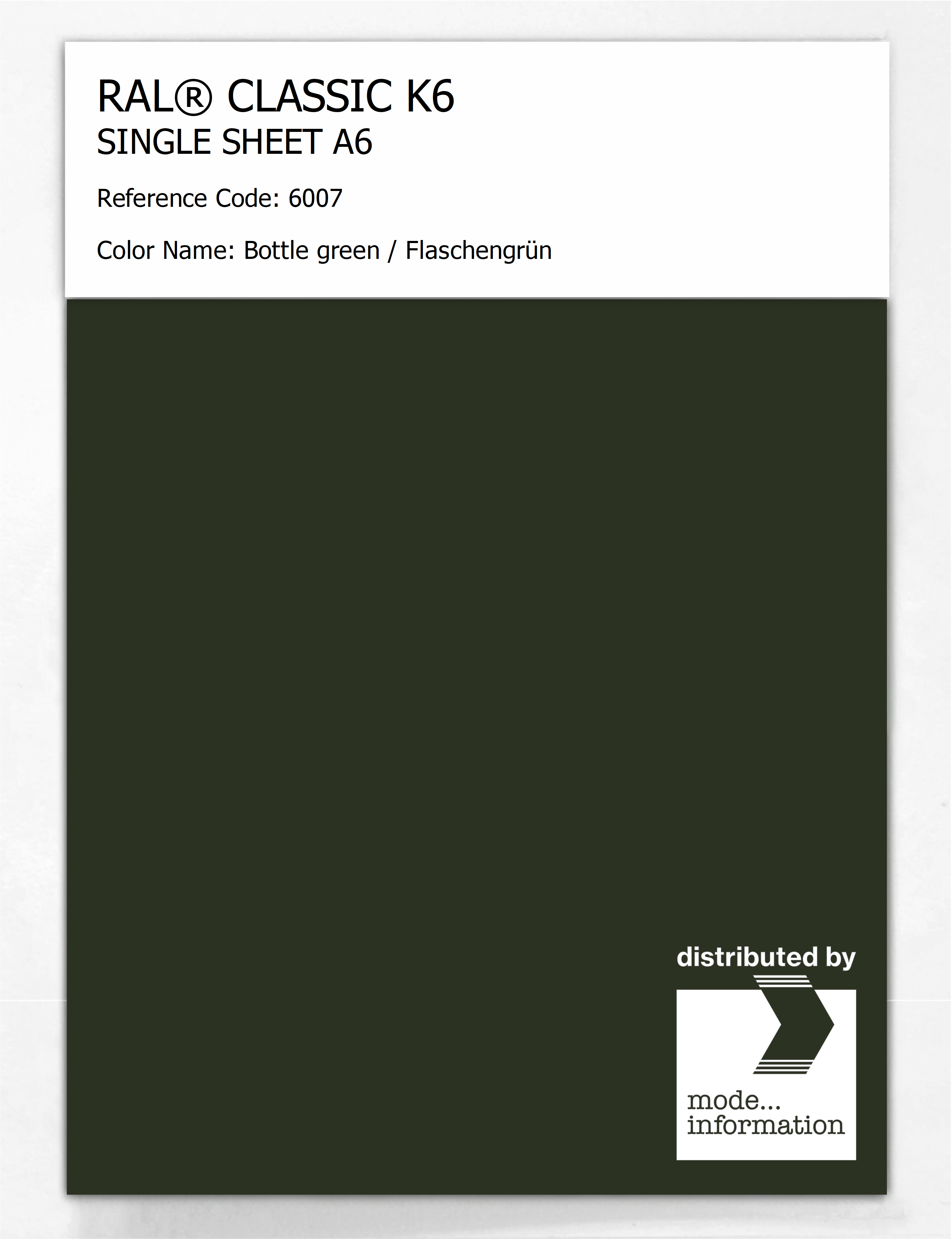 Product image 1 of the product “RAL® CLASSIC K6 SINGLE SHEET A6 6007 Bottle green / Flaschengrün ”