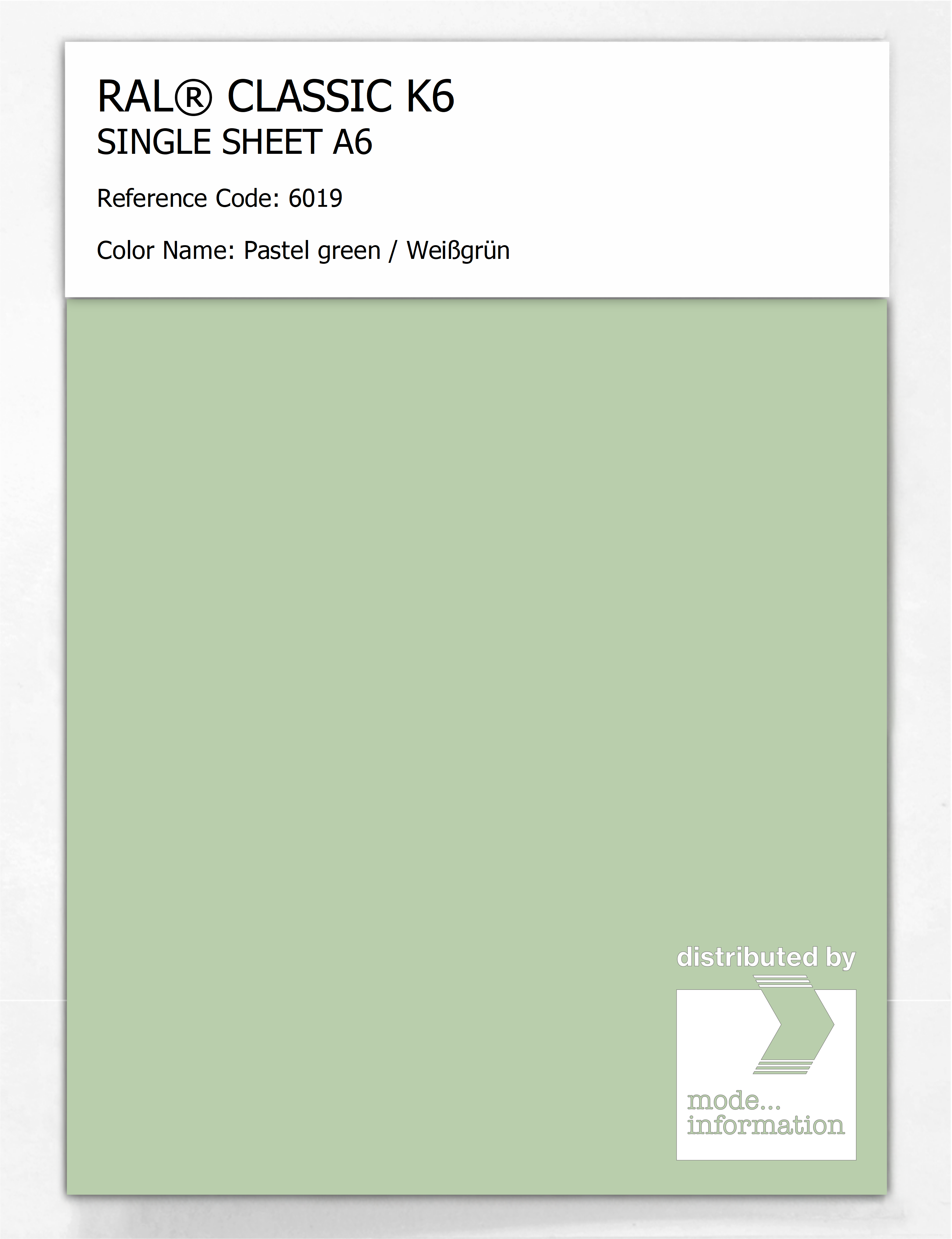 Product image 1 of the product “RAL® CLASSIC K6 SINGLE SHEET A6 6019 Pastel green / Weißgrün ”