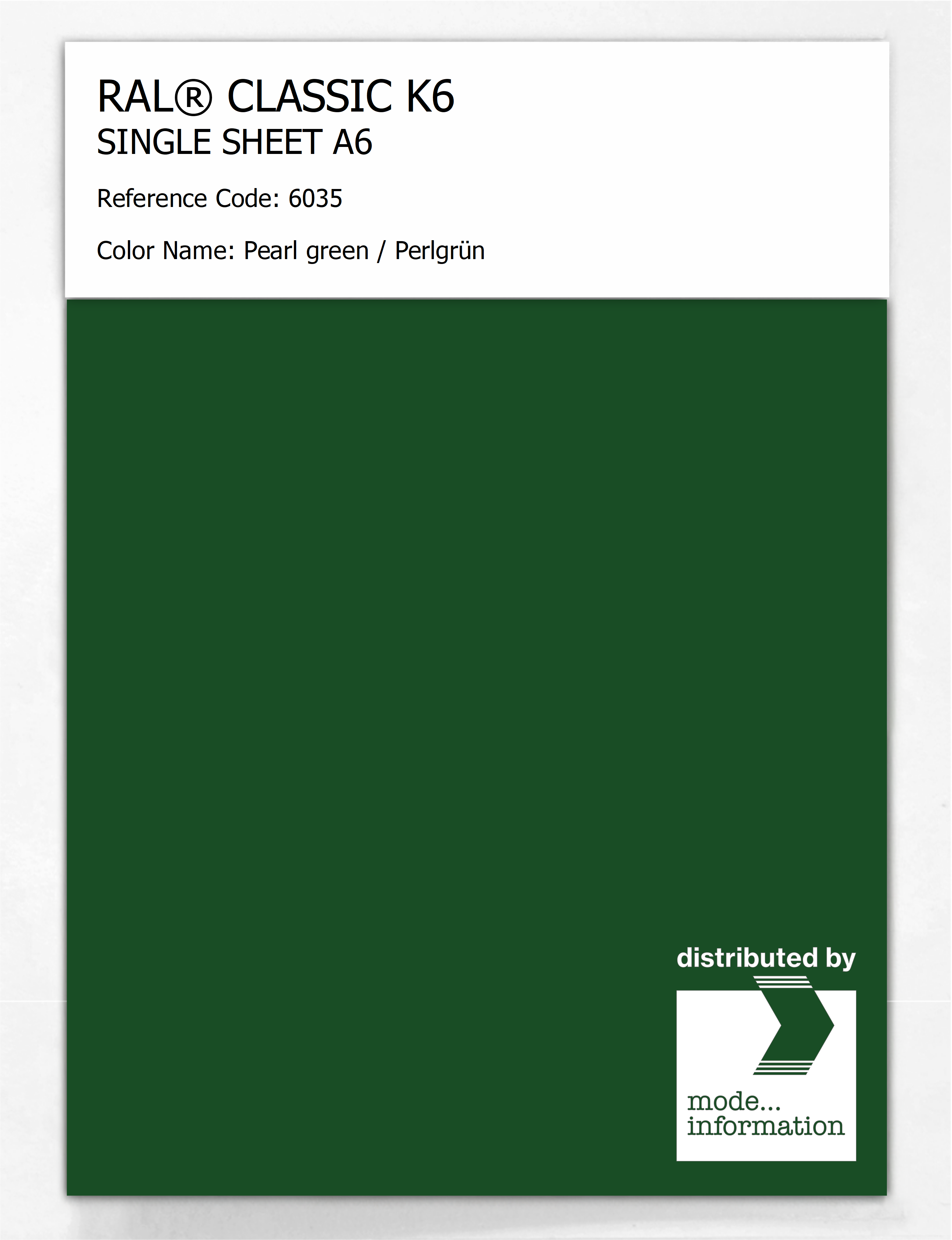 Product image 1 of the product “RAL® CLASSIC K6 SINGLE SHEET A6 6035 Pearl green / Perlgrün ”