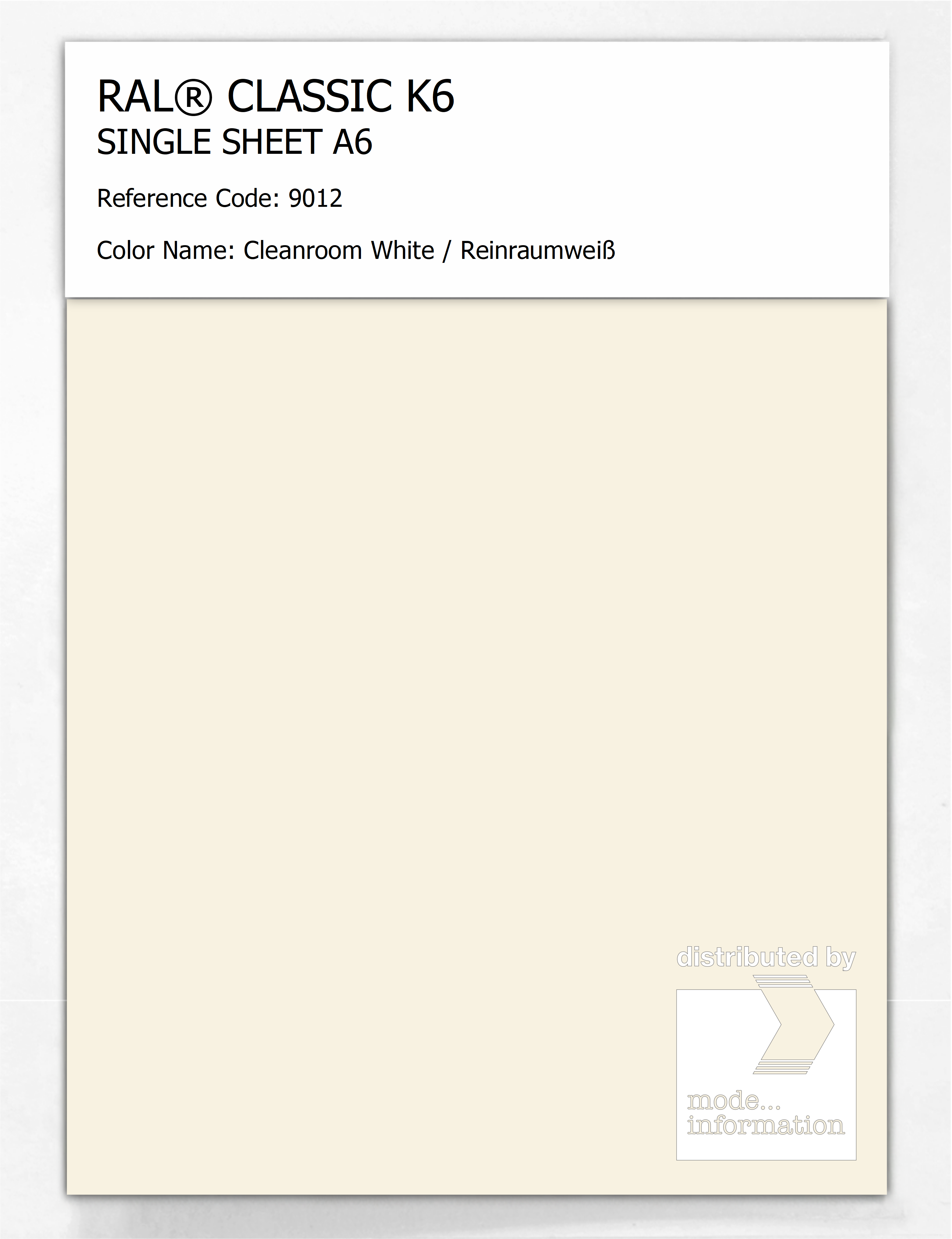 Product image 1 of the product “RAL® CLASSIC K6 SINGLE SHEET A6 9012 Cleanroom White / Reinraumweiß ”
