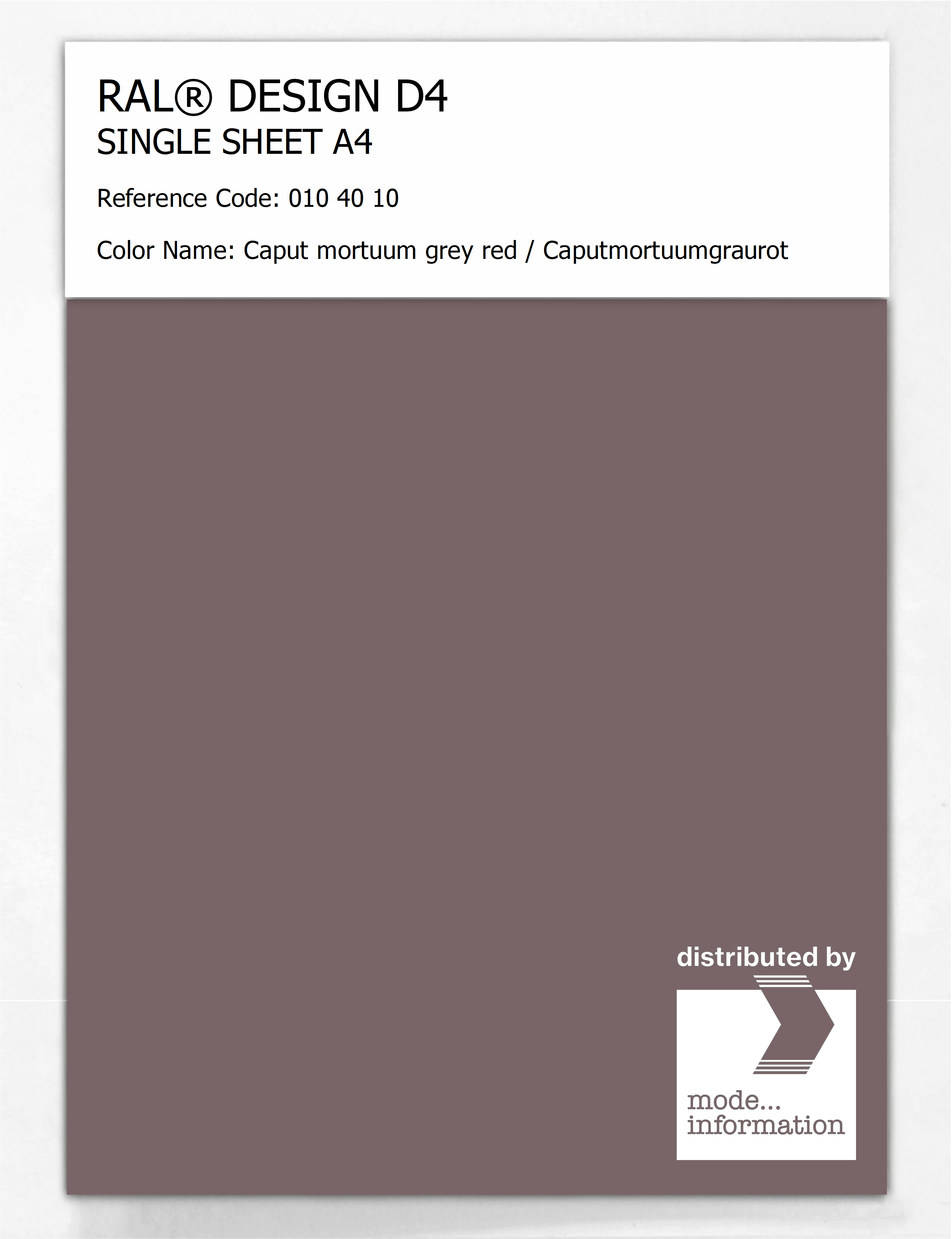 Product image 1 of the product “RAL® DESIGN D4 SINGLE SHEET A4 010 40 10 Caput mortuum grey red / Caputmortuumgraurot ”