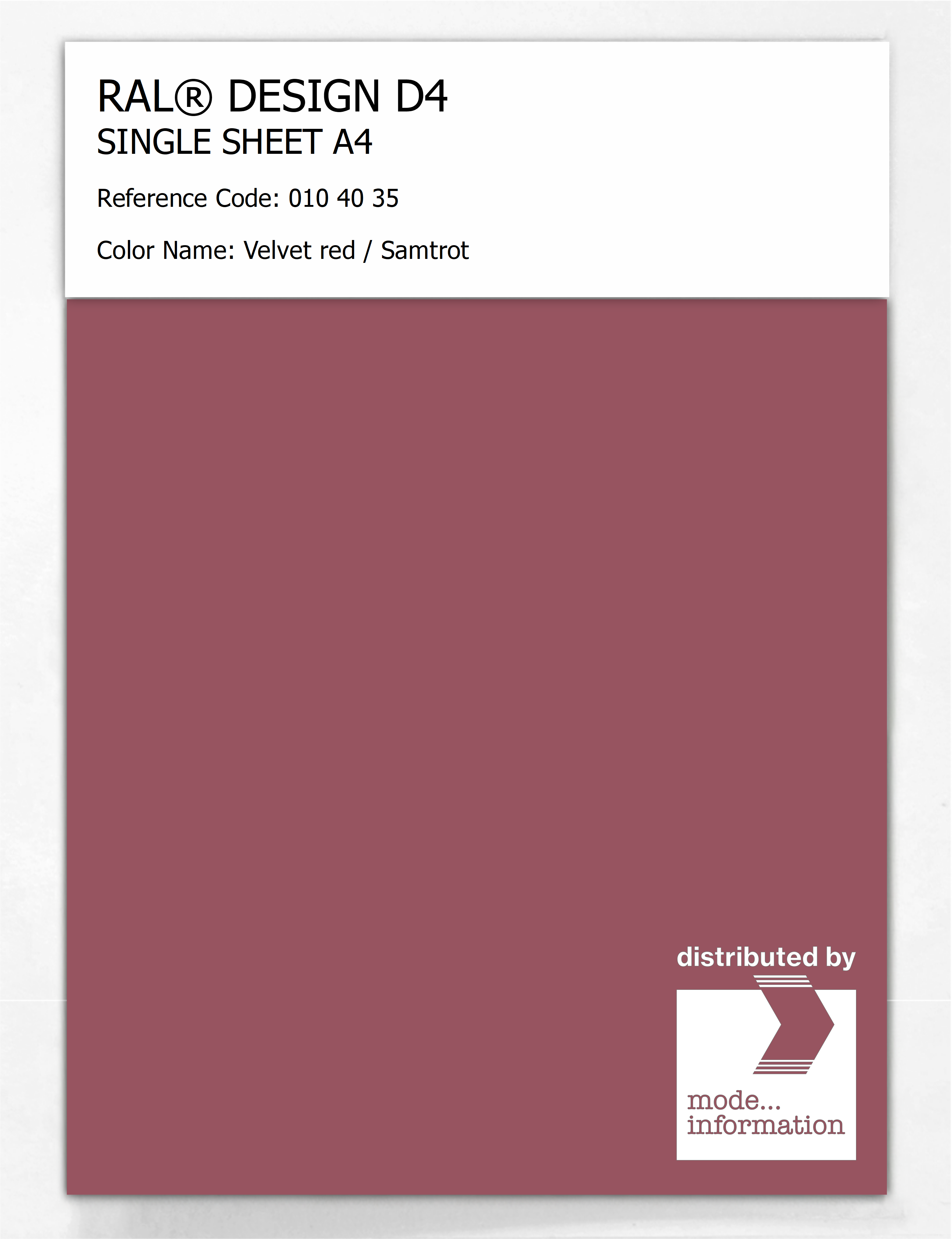 Artikelbild 1 des Artikels “RAL® DESIGN D4 SINGLE SHEET A4 010 40 35 Velvet red / Samtrot “