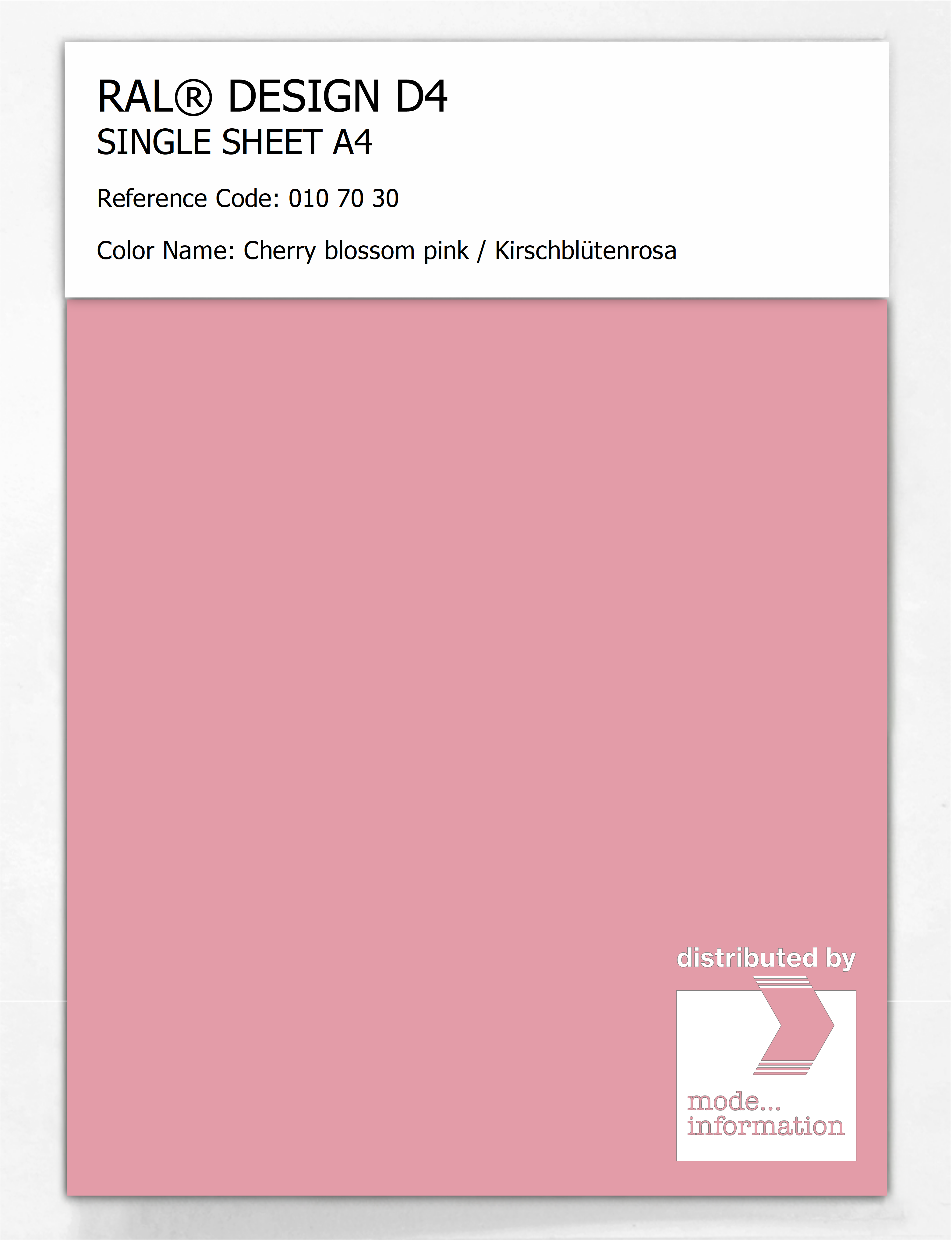 Product image 1 of the product “RAL® DESIGN D4 SINGLE SHEET A4 010 70 30 Cherry blossom pink / Kirschblütenrosa ”