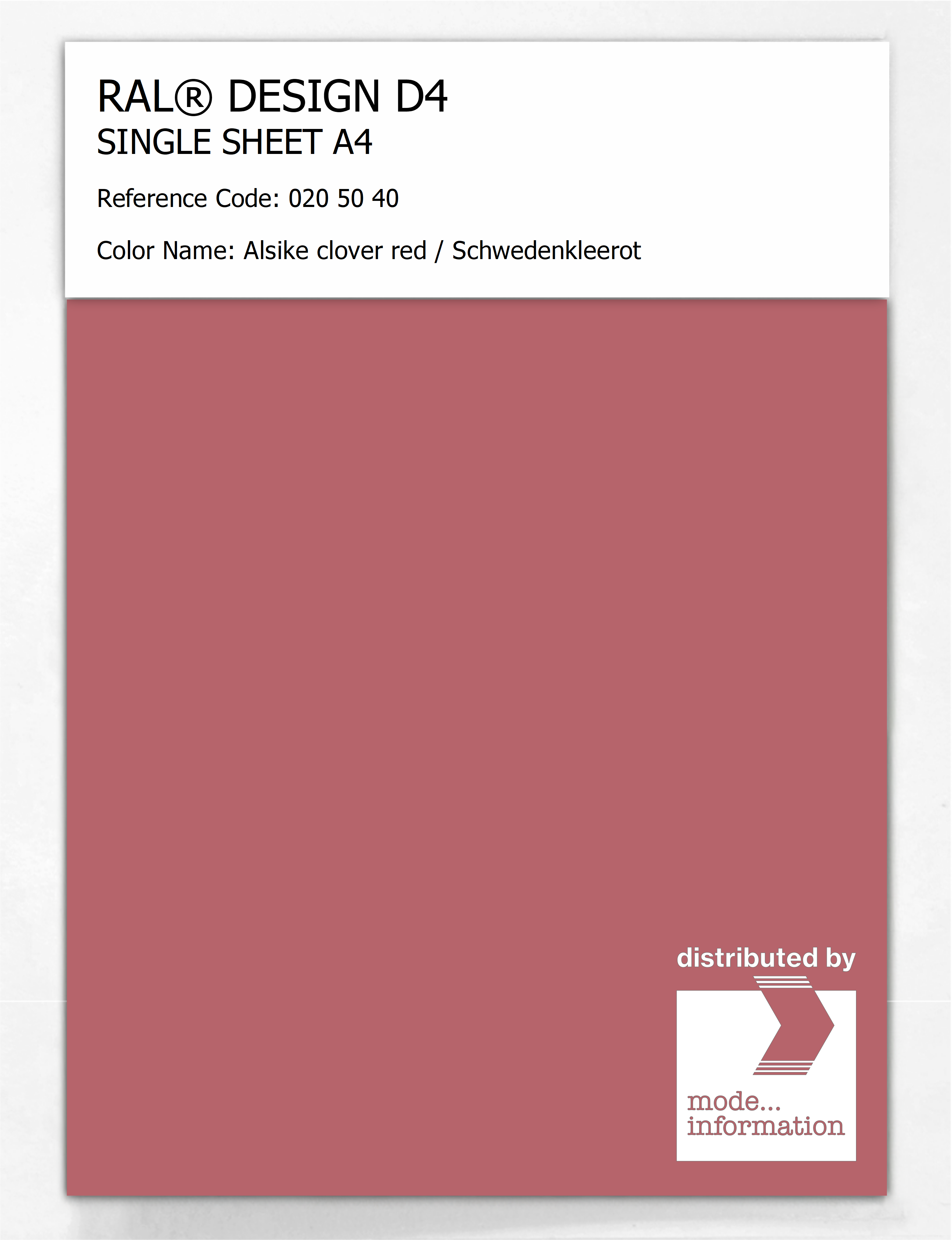 Product image 1 of the product “RAL® DESIGN D4 SINGLE SHEET A4 020 50 40 Alsike clover red / Schwedenkleerot ”