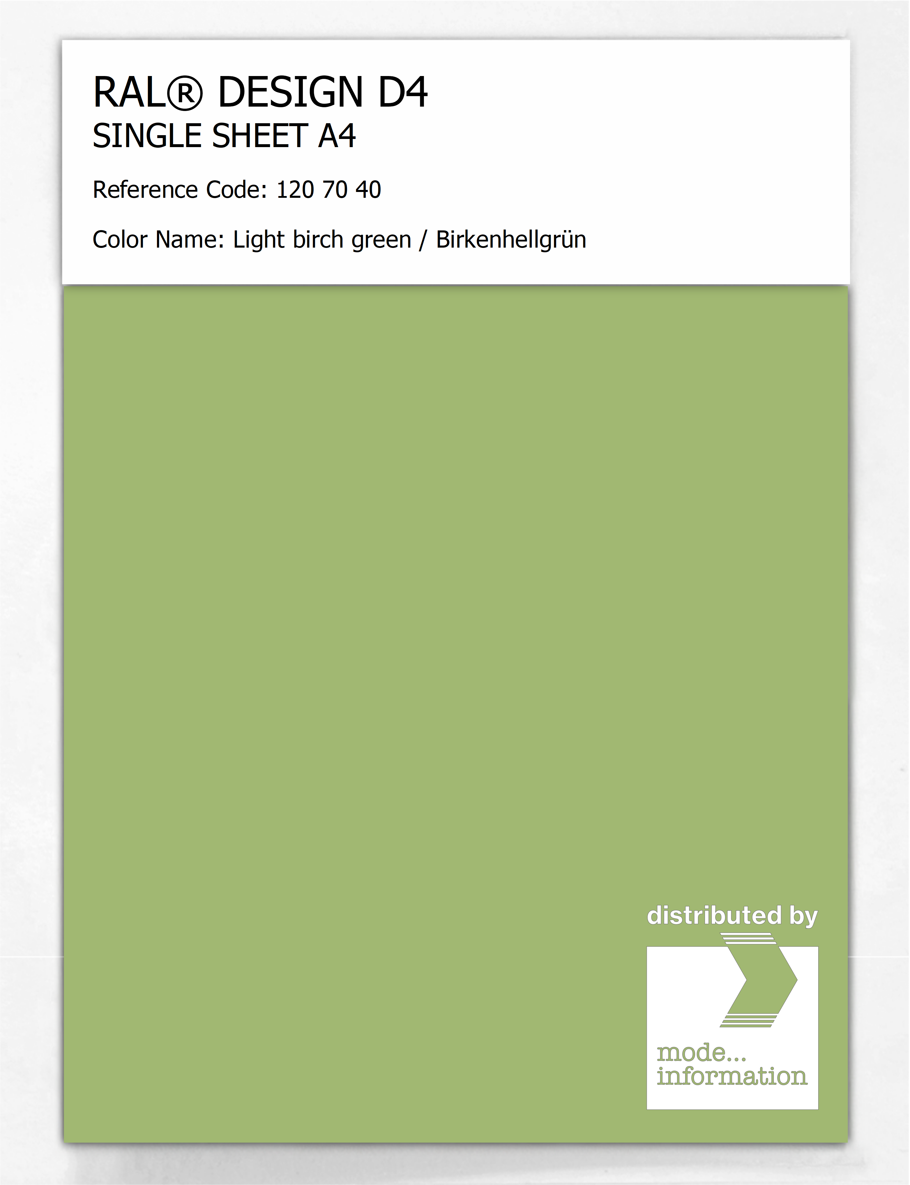 Product image 1 of the product “RAL® DESIGN D4 SINGLE SHEET A4 120 70 40 Light birch green / Birkenhellgrün ”