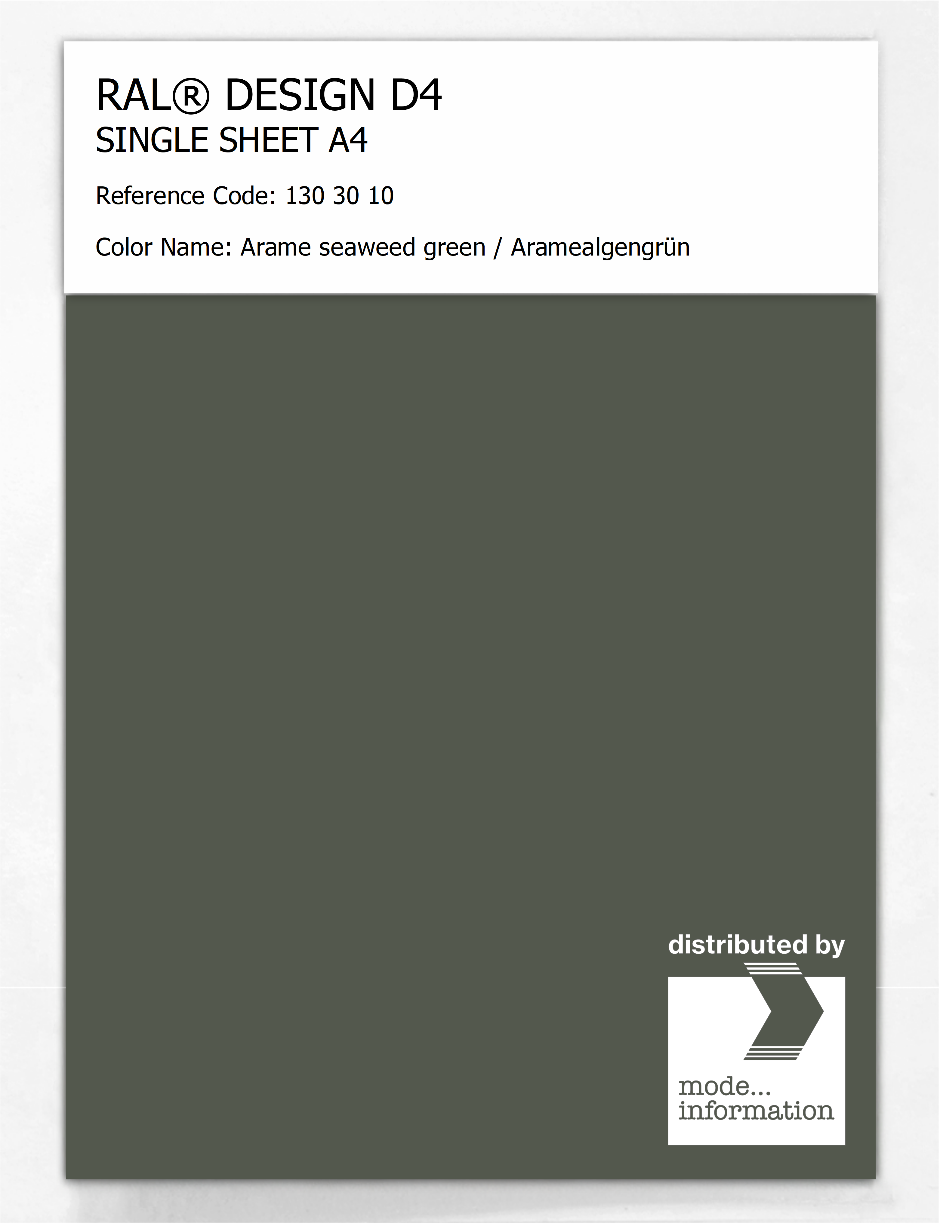 Product image 1 of the product “RAL® DESIGN D4 SINGLE SHEET A4 130 30 10 Arame seaweed green / Aramealgengrün ”