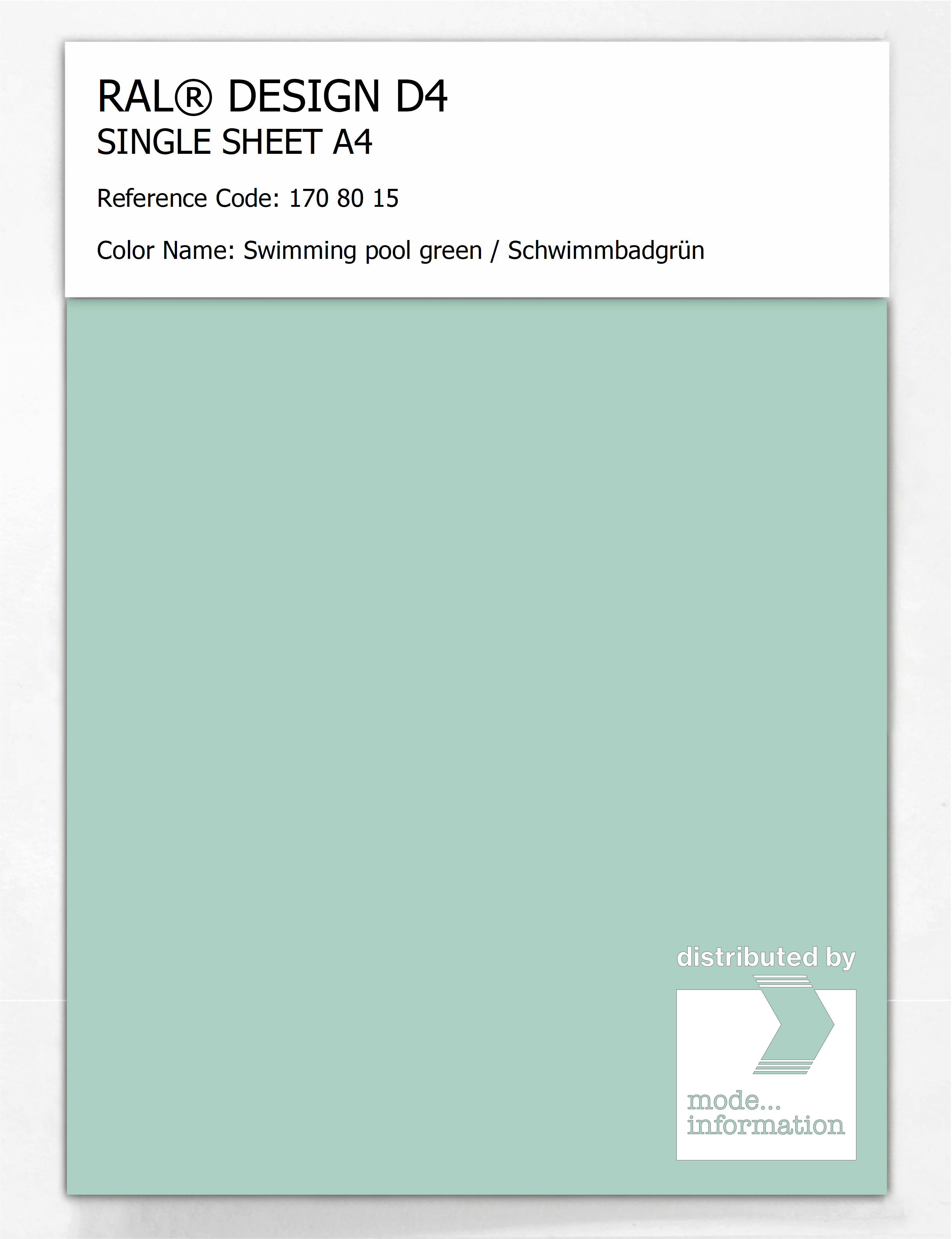 Product image 1 of the product “RAL® DESIGN D4 SINGLE SHEET A4 170 80 15 Swimming pool green / Schwimmbadgrün ”
