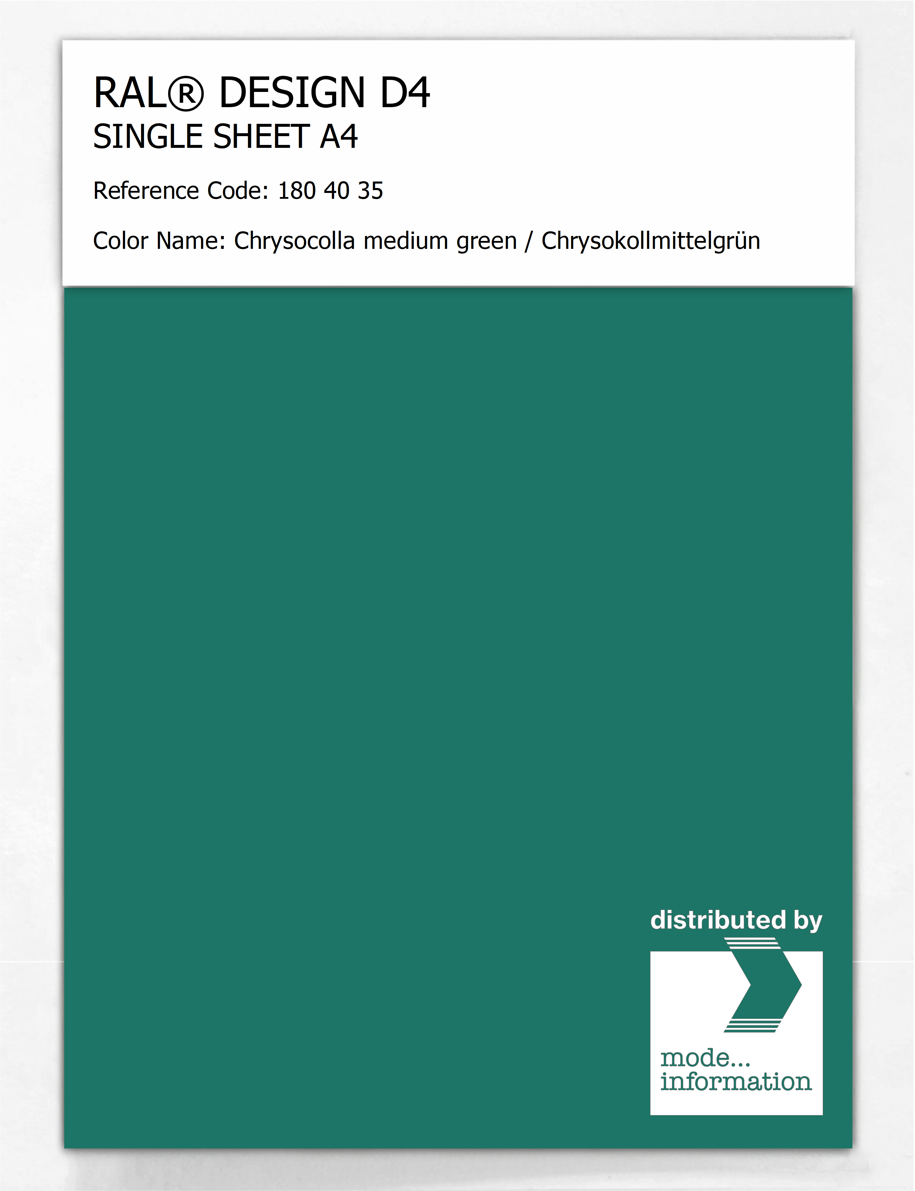 Product image 1 of the product “RAL® DESIGN D4 SINGLE SHEET A4 180 40 35 Chrysocolla medium green / Chrysokollmittelgrün ”