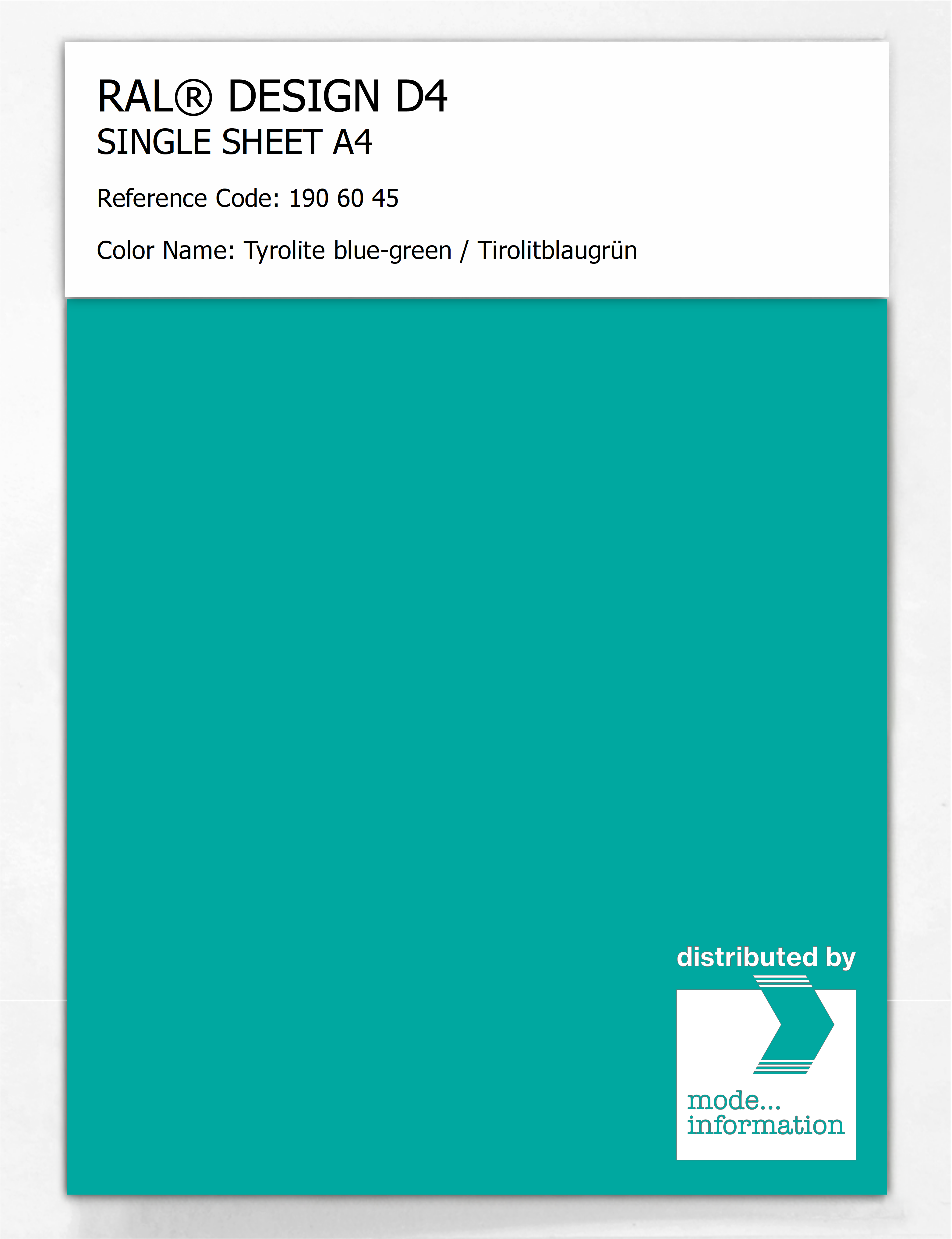 Product image 1 of the product “RAL® DESIGN D4 SINGLE SHEET A4 190 60 45 Tyrolite blue-green / Tirolitblaugrün ”