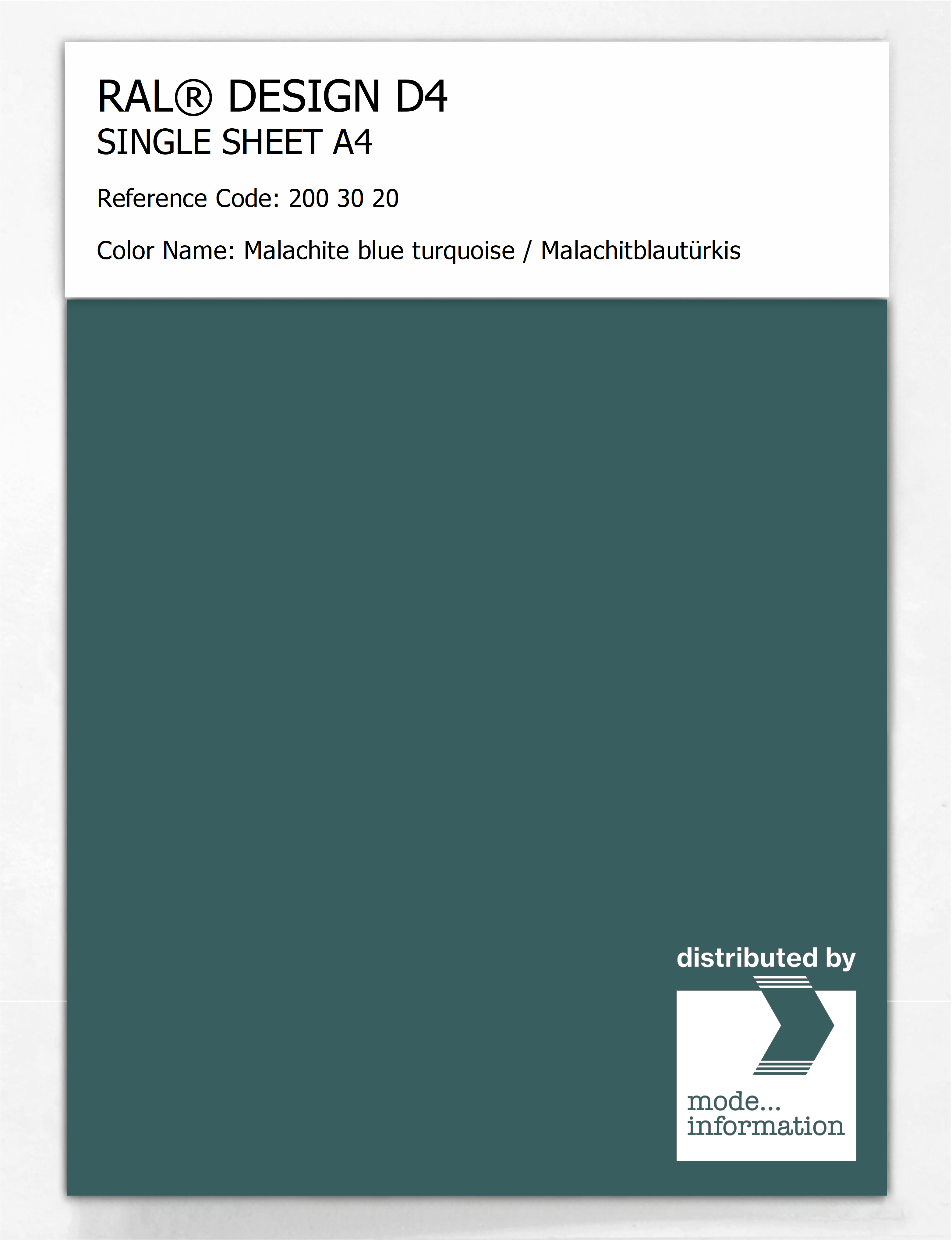 Product image 1 of the product “RAL® DESIGN D4 SINGLE SHEET A4 200 30 20 Malachite blue turquoise / Malachitblautürkis ”