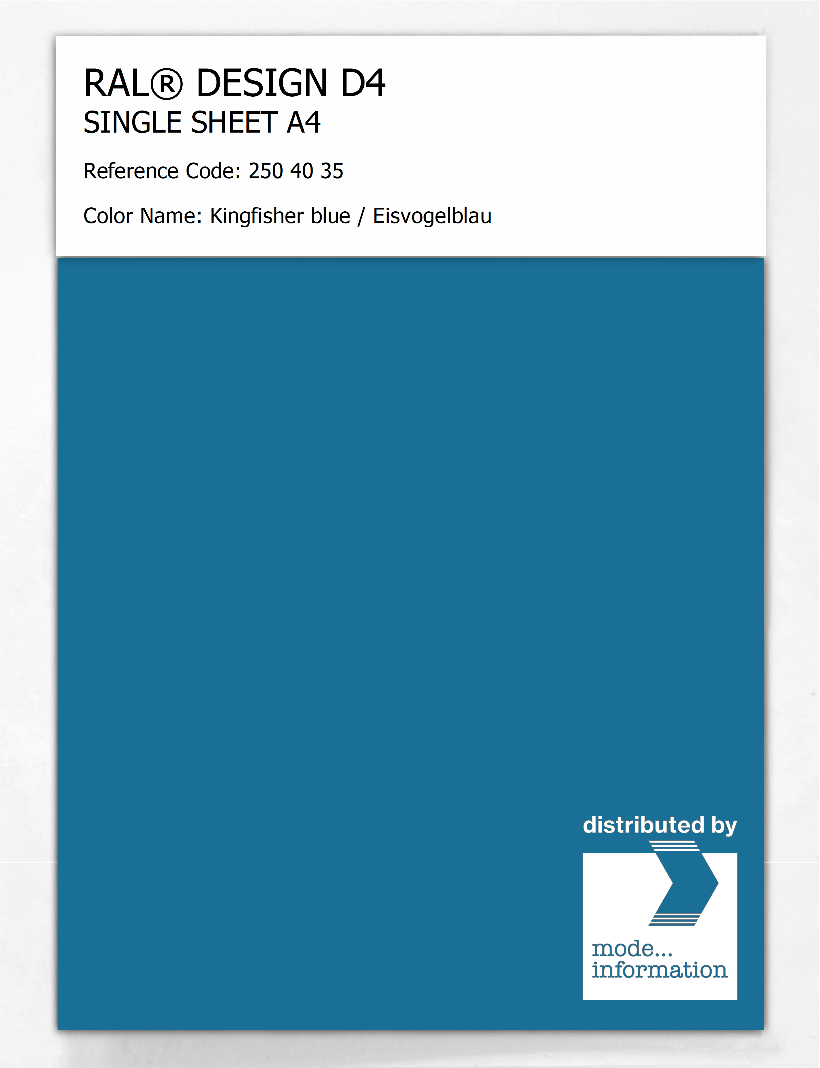 Product image 1 of the product “RAL® DESIGN D4 SINGLE SHEET A4 250 40 35 Kingfisher blue / Eisvogelblau ”
