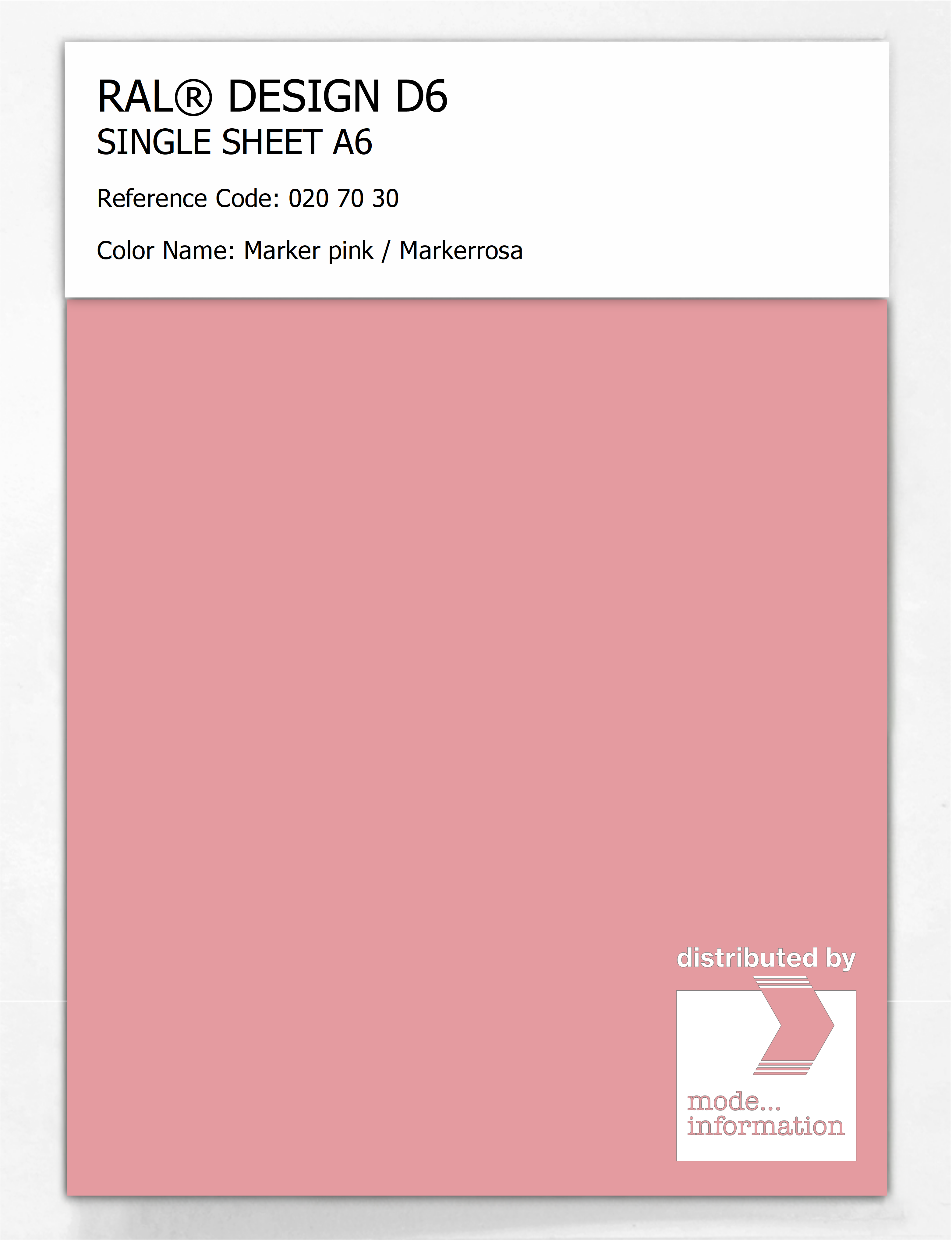 Product image 1 of the product “RAL® DESIGN D6 SINGLE SHEET A6 020 70 30 Marker pink / Markerrosa ”