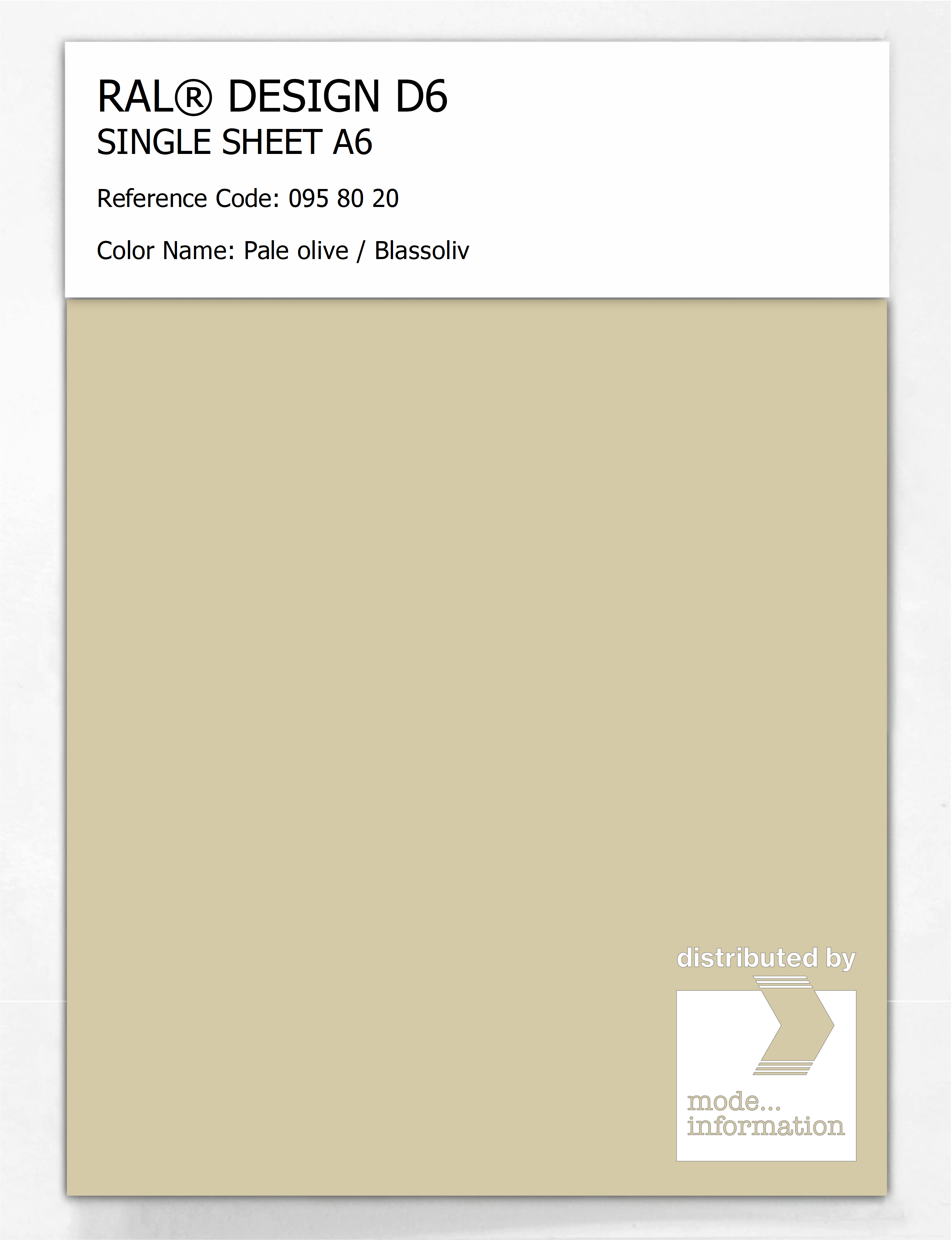 Product image 1 of the product “RAL® DESIGN D6 SINGLE SHEET A6 095 80 20 Pale olive / Blassoliv ”