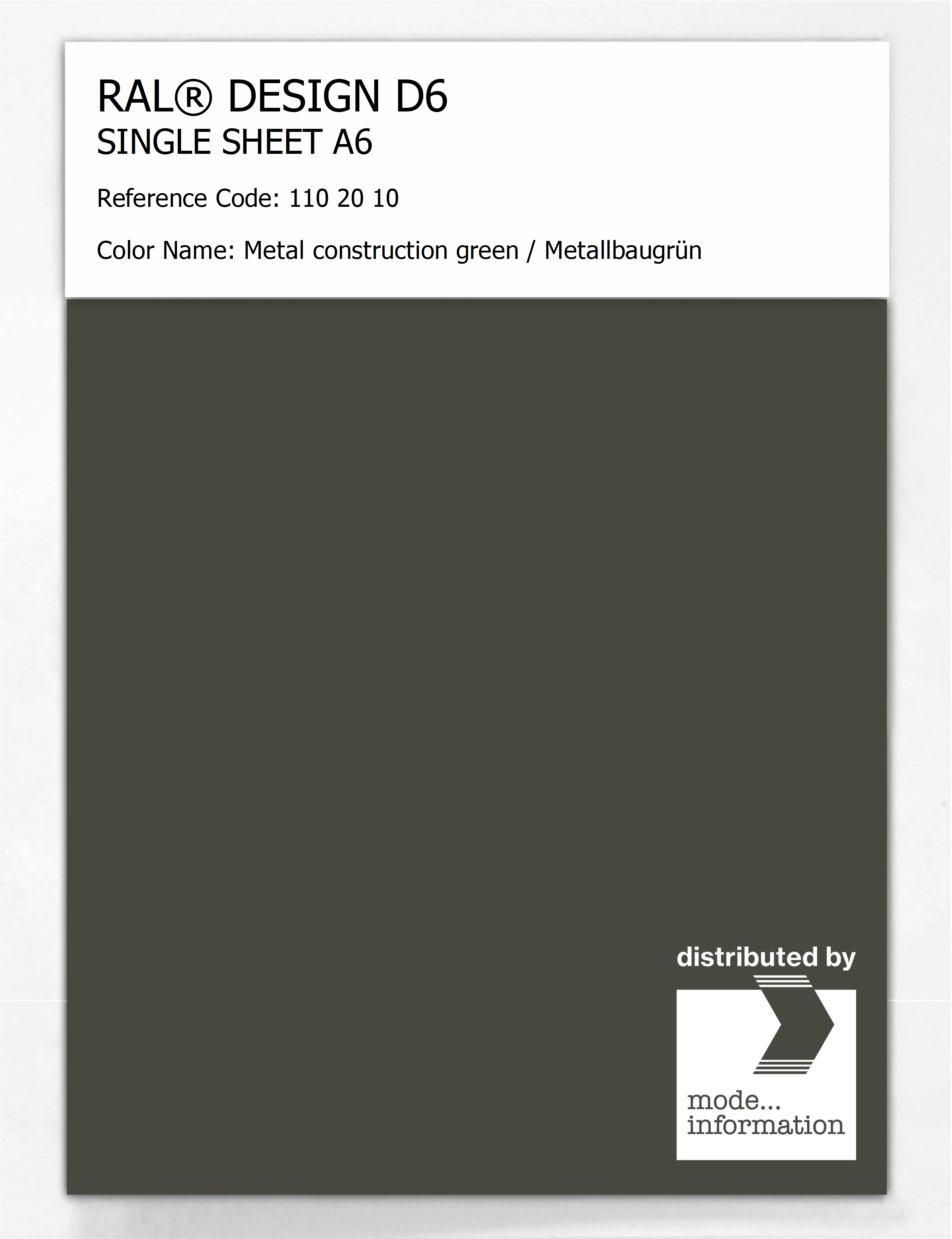 Product image 1 of the product “RAL® DESIGN D6 SINGLE SHEET A6 110 20 10 Metal construction green / Metallbaugrün ”