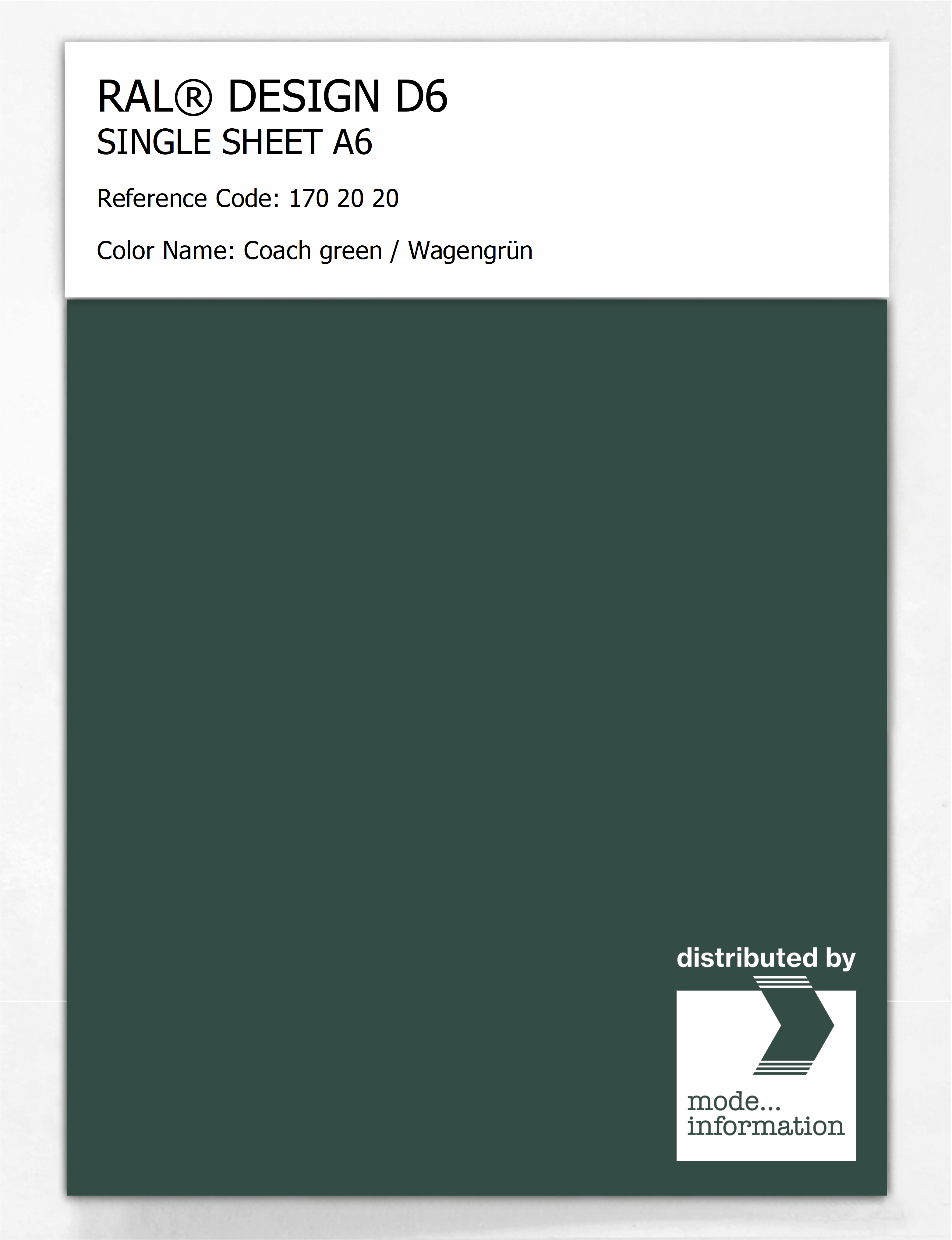 Product image 1 of the product “RAL® DESIGN D6 SINGLE SHEET A6 170 20 20 Coach green / Wagengrün ”