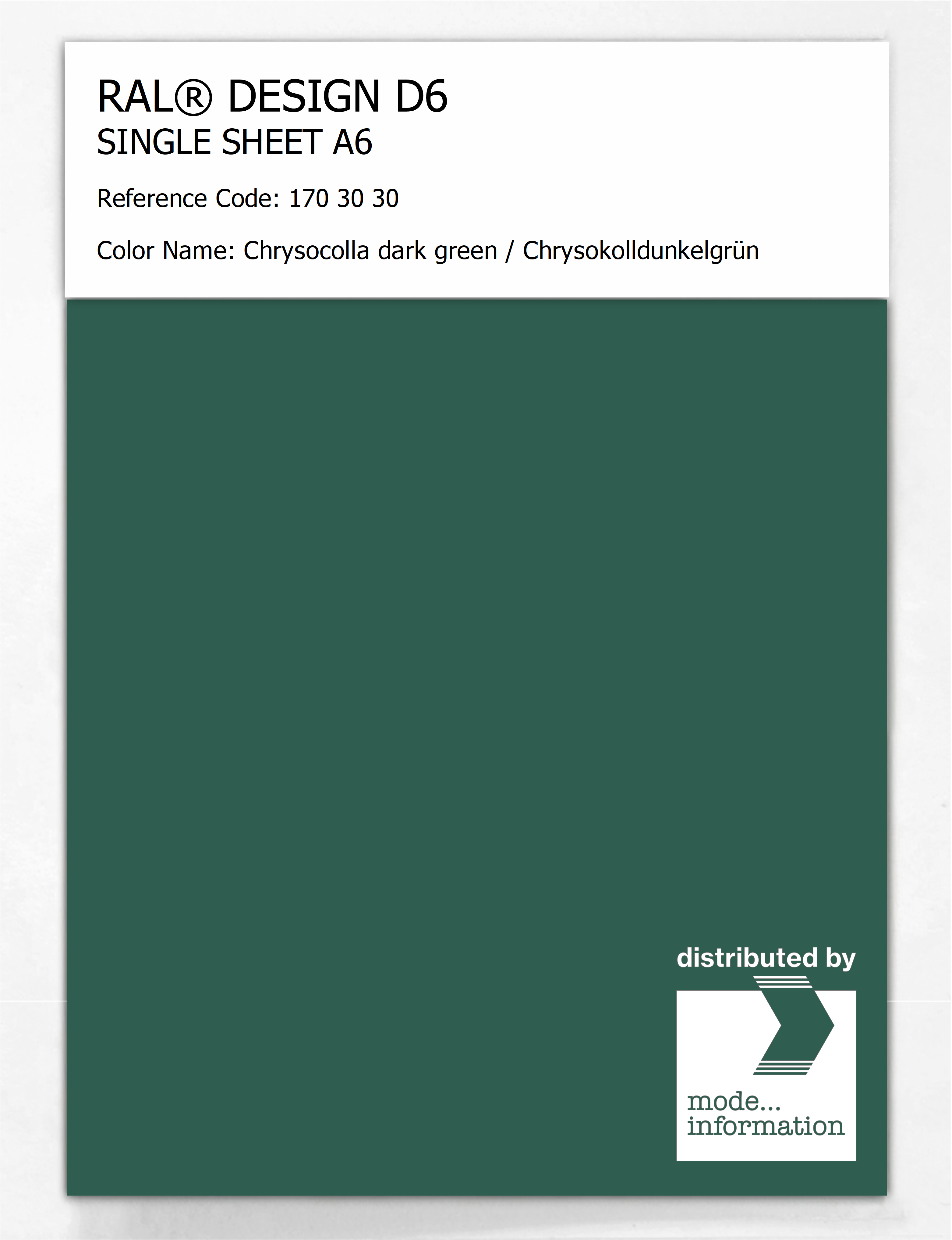 Product image 1 of the product “RAL® DESIGN D6 SINGLE SHEET A6 170 30 30 Chrysocolla dark green / Chrysokolldunkelgrün ”