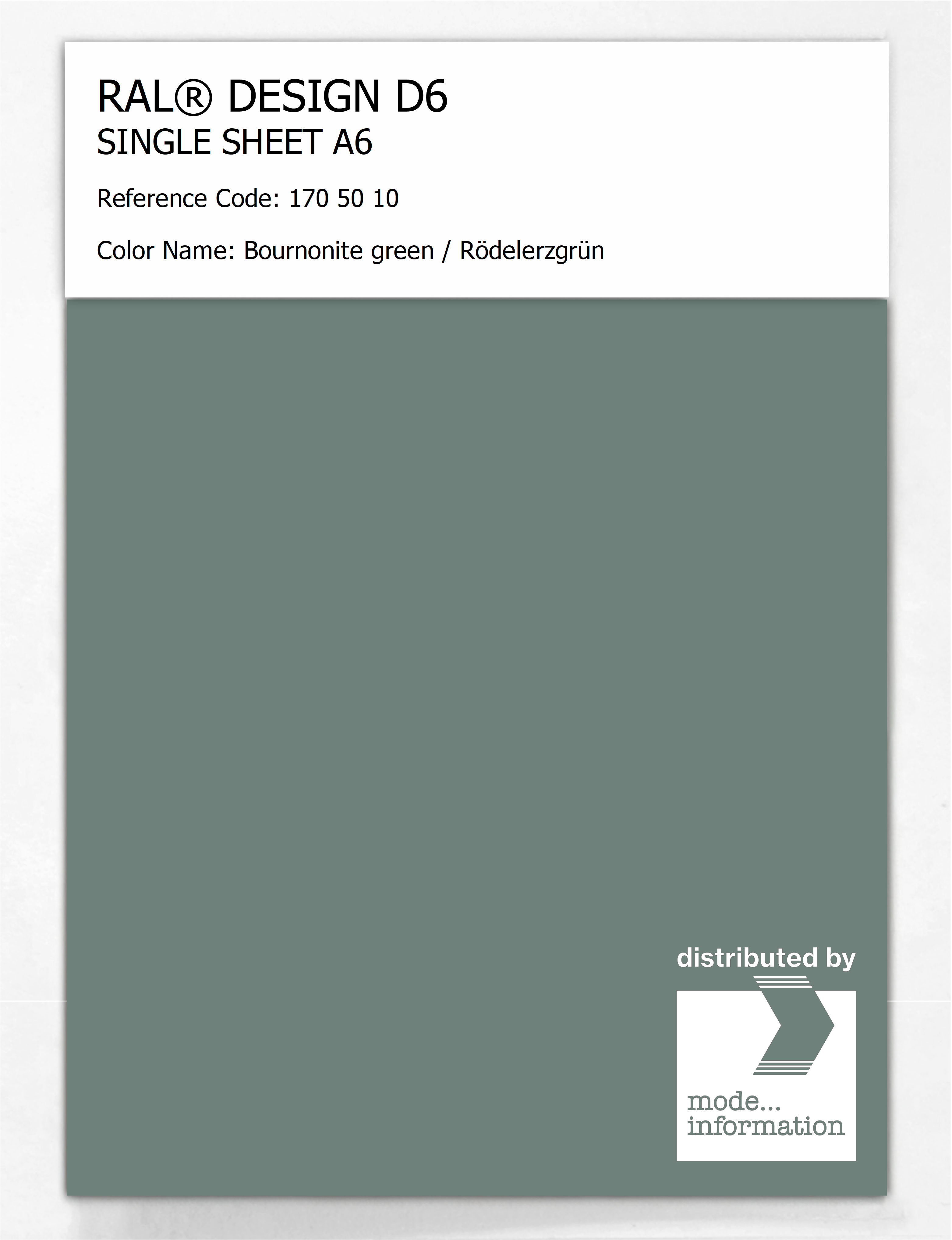 Product image 1 of the product “RAL® DESIGN D6 SINGLE SHEET A6 170 50 10 Bournonite green / Rödelerzgrün ”