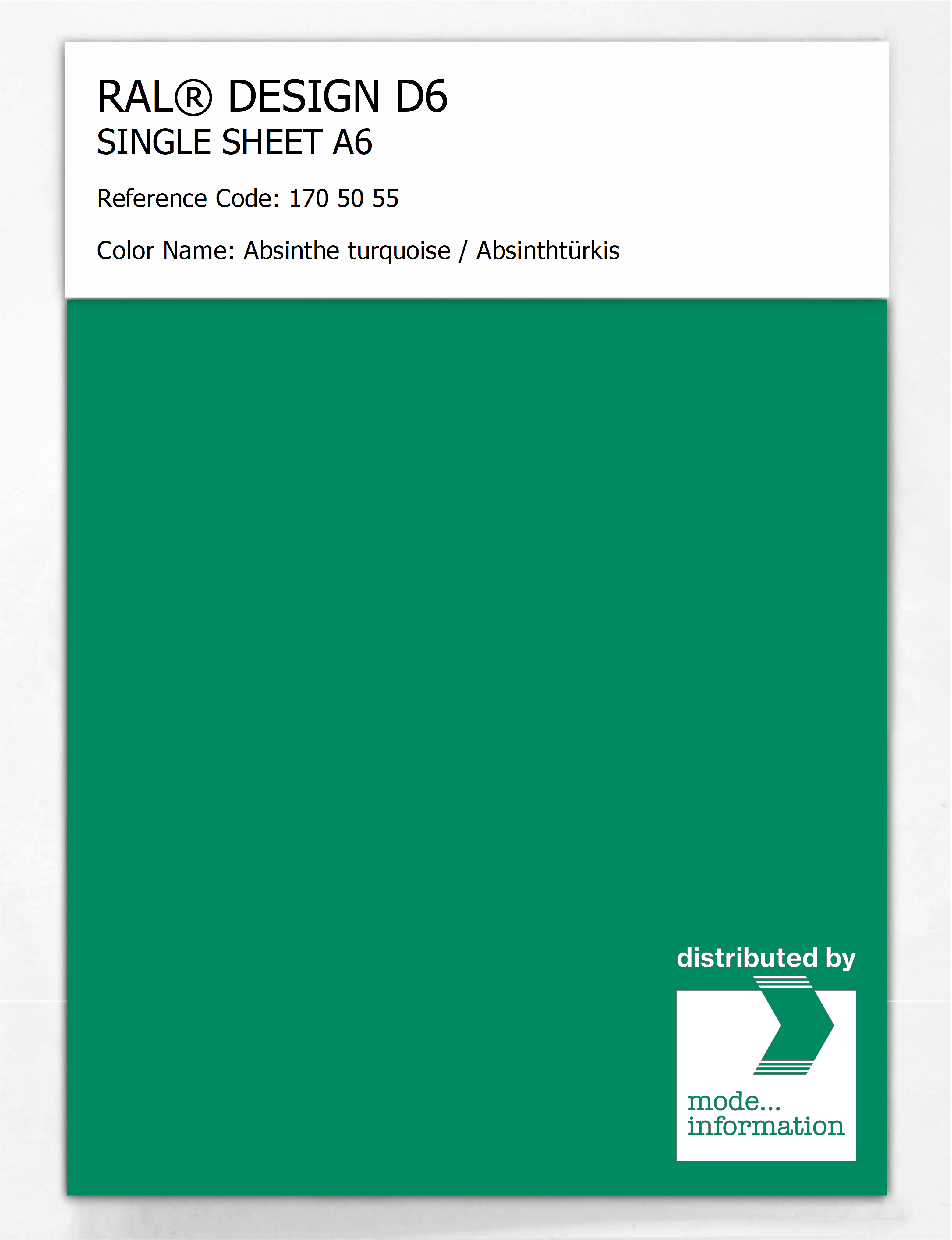Product image 1 of the product “RAL® DESIGN D6 SINGLE SHEET A6 170 50 55 Absinthe turquoise / Absinthtürkis ”