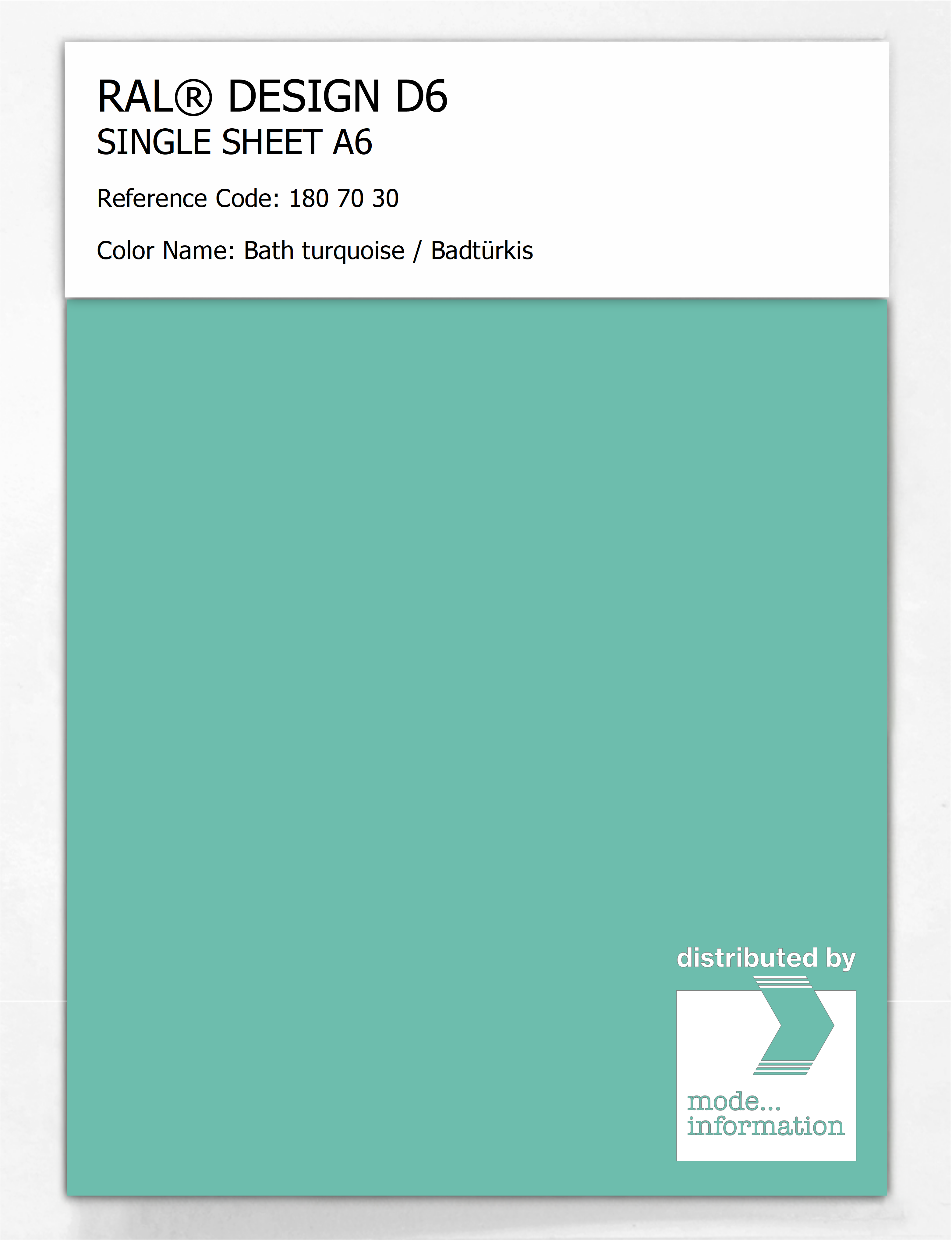 Product image 1 of the product “RAL® DESIGN D6 SINGLE SHEET A6 180 70 30 Bath turquoise / Badtürkis ”