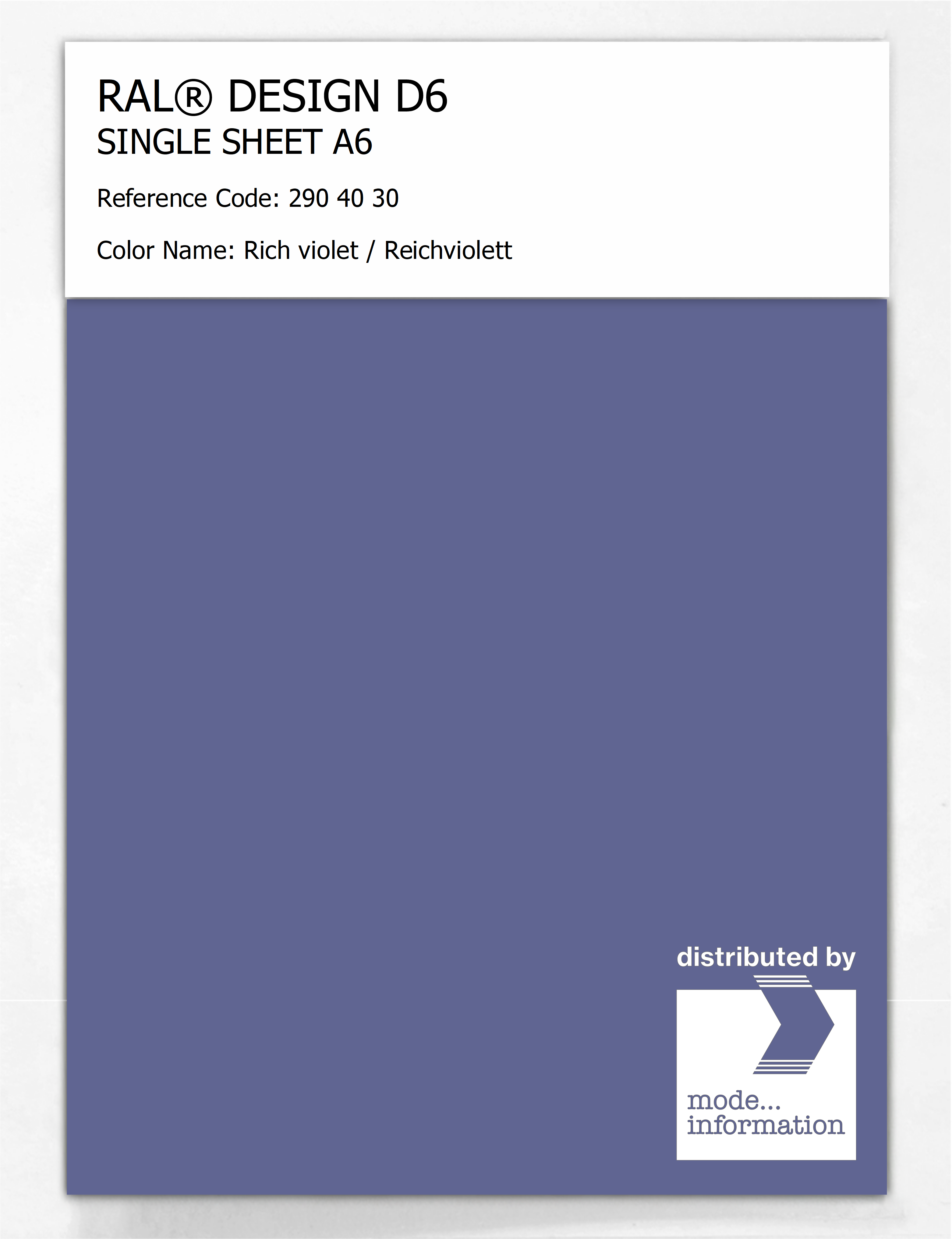 Product image 1 of the product “RAL® DESIGN D6 SINGLE SHEET A6 290 40 30 Rich violet / Reichviolett ”