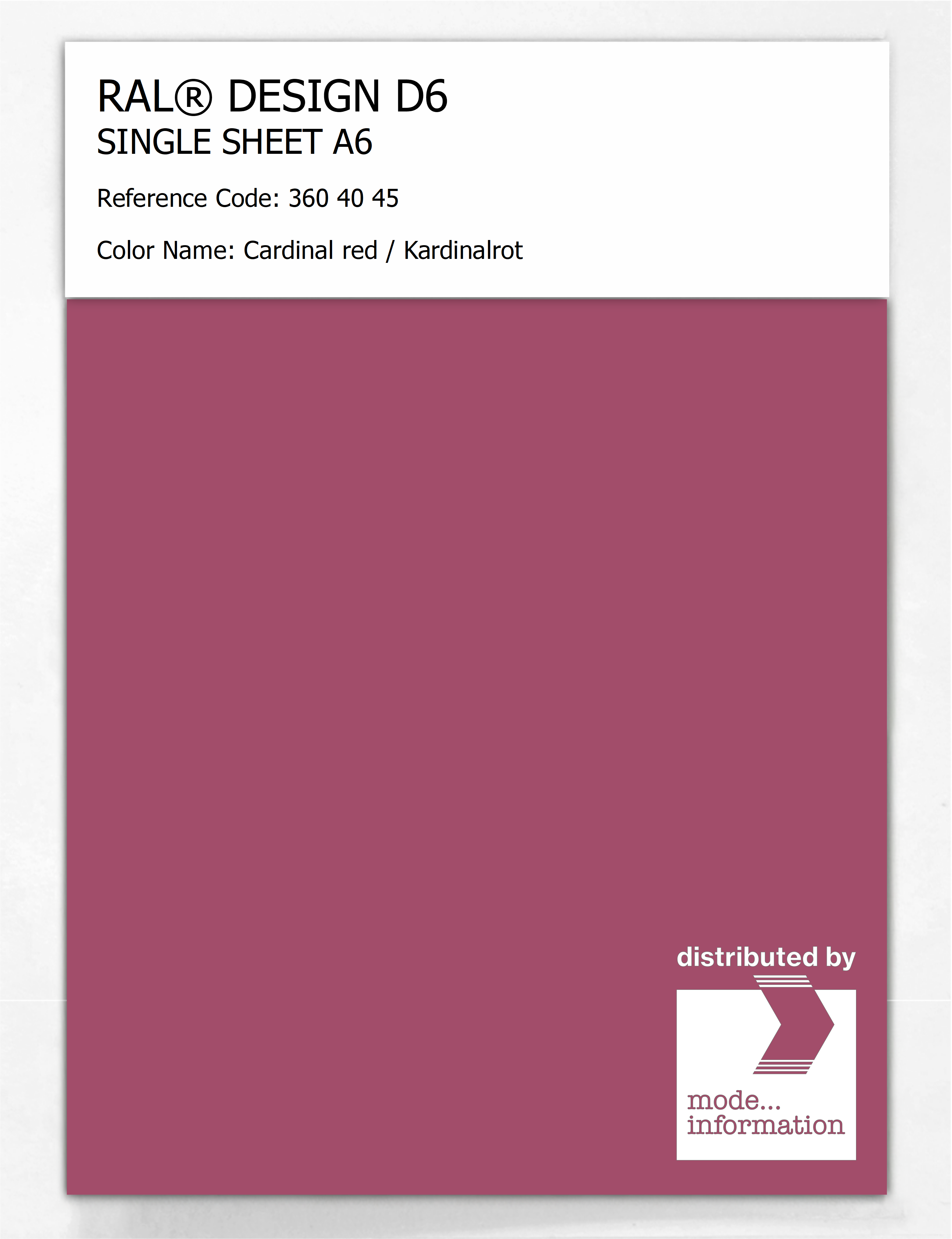 Product image 1 of the product “RAL® DESIGN D6 SINGLE SHEET A6 360 40 45 Cardinal red / Kardinalrot ”